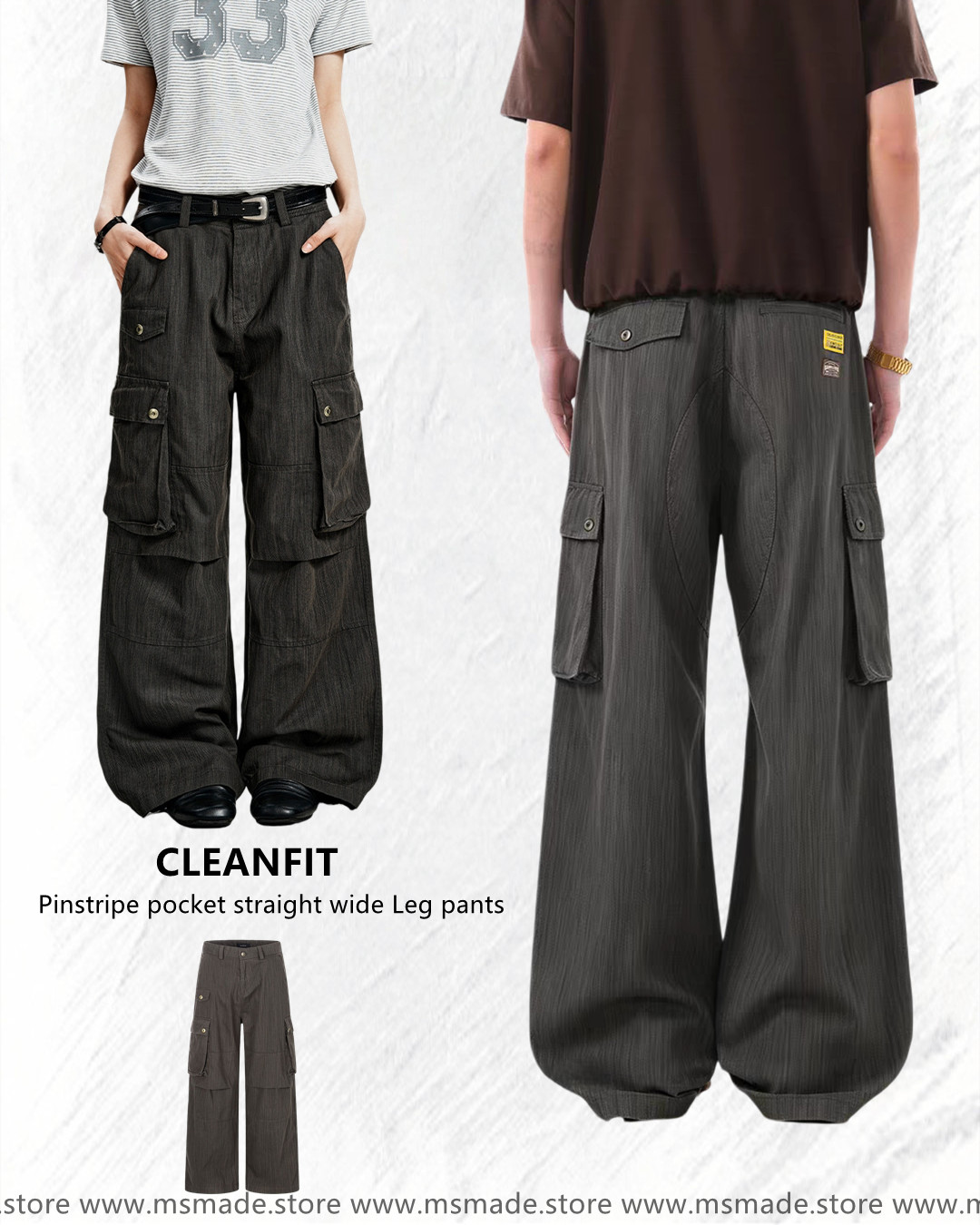 M6986直紋口袋直筒闊腿褲