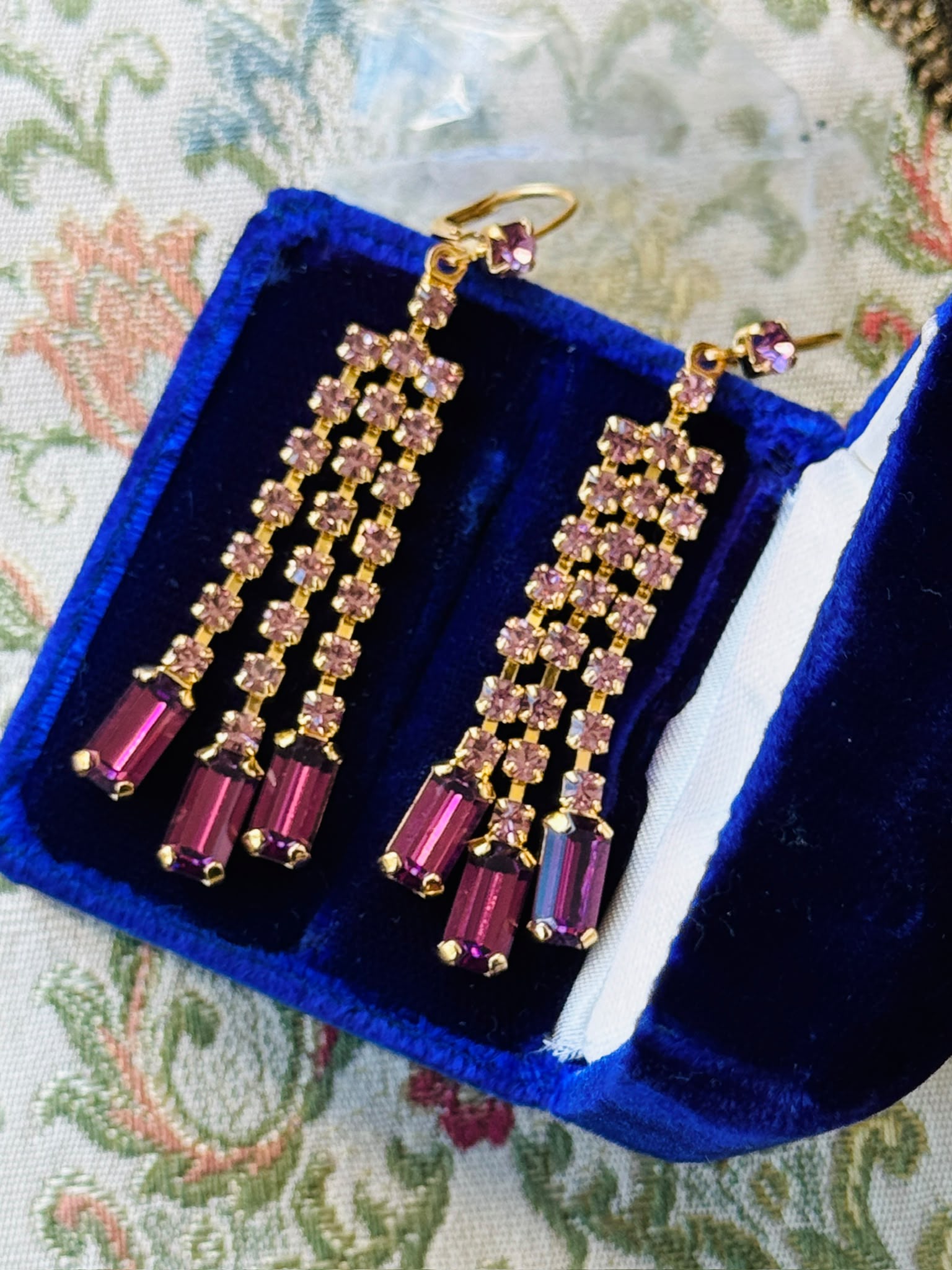 1980s Czechoslovakian New Old Stock Purple Rhinestone Hook Earrings (NZ131)