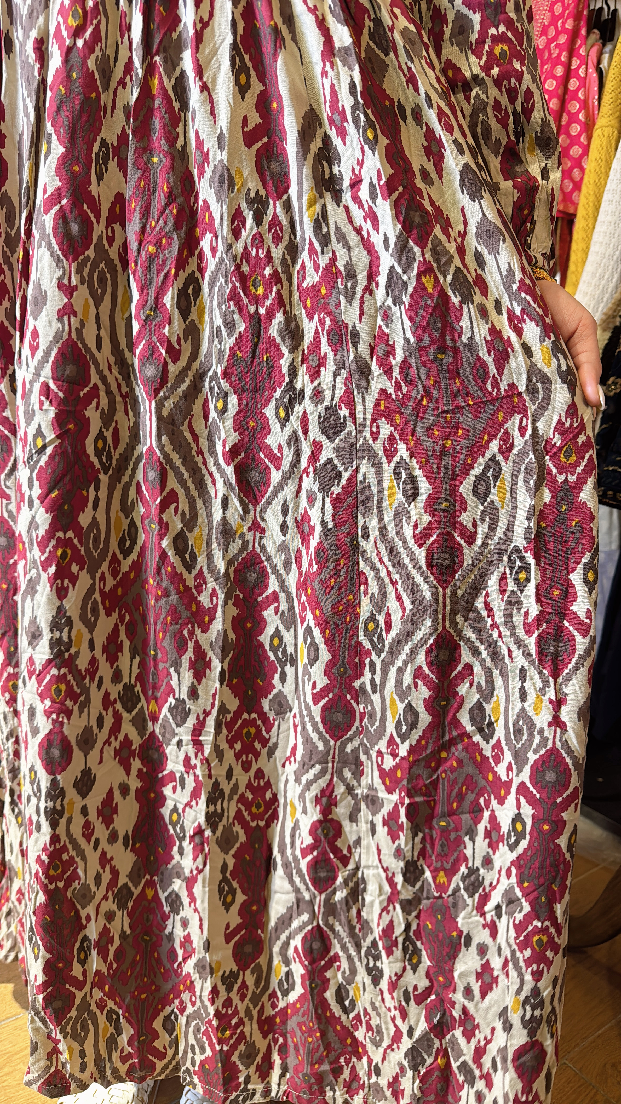 449 Wine Red Print V neck Emb. OP 50" #449