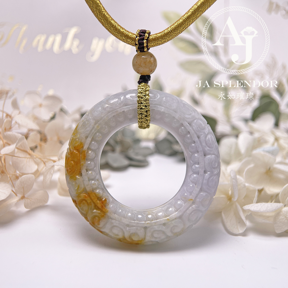 JN-3299 天然翡翠A玉 復古回紋順利招財黃翡精工雕刻糖環