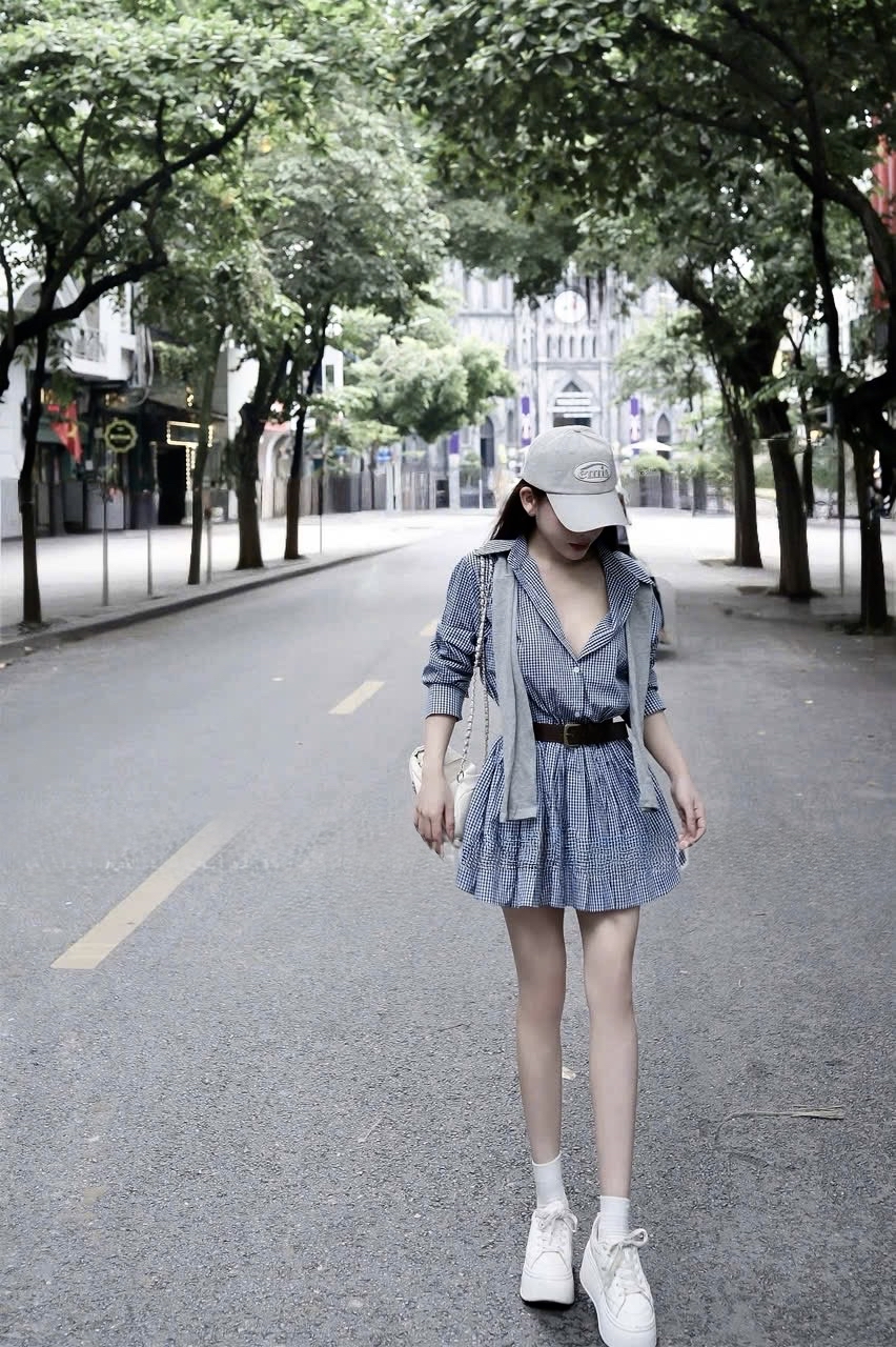 藍色格子襯衫裙韓式休閒裝