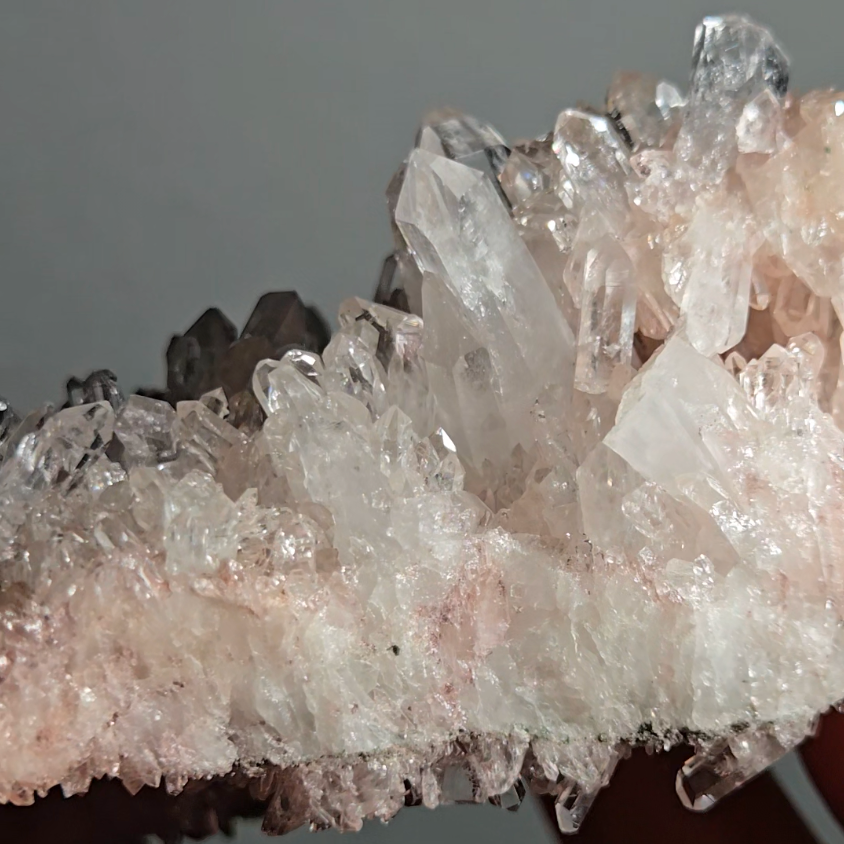 Pink Lemurian quartz cluster with green chlorite, rainbows - LQ189