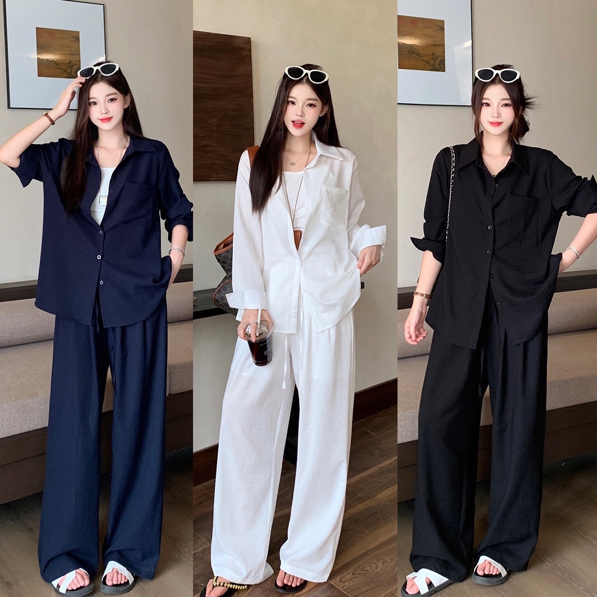 B277(3351) 气质慵懒老钱风翻领前排钮衬衫与长裤3色套装