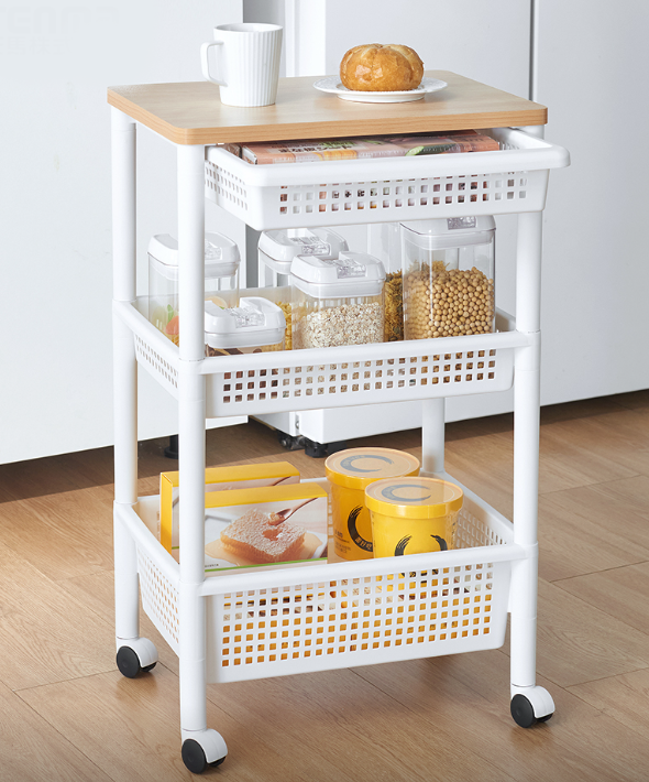 134493/天馬3層木面有轆雜物架(連抽屜)