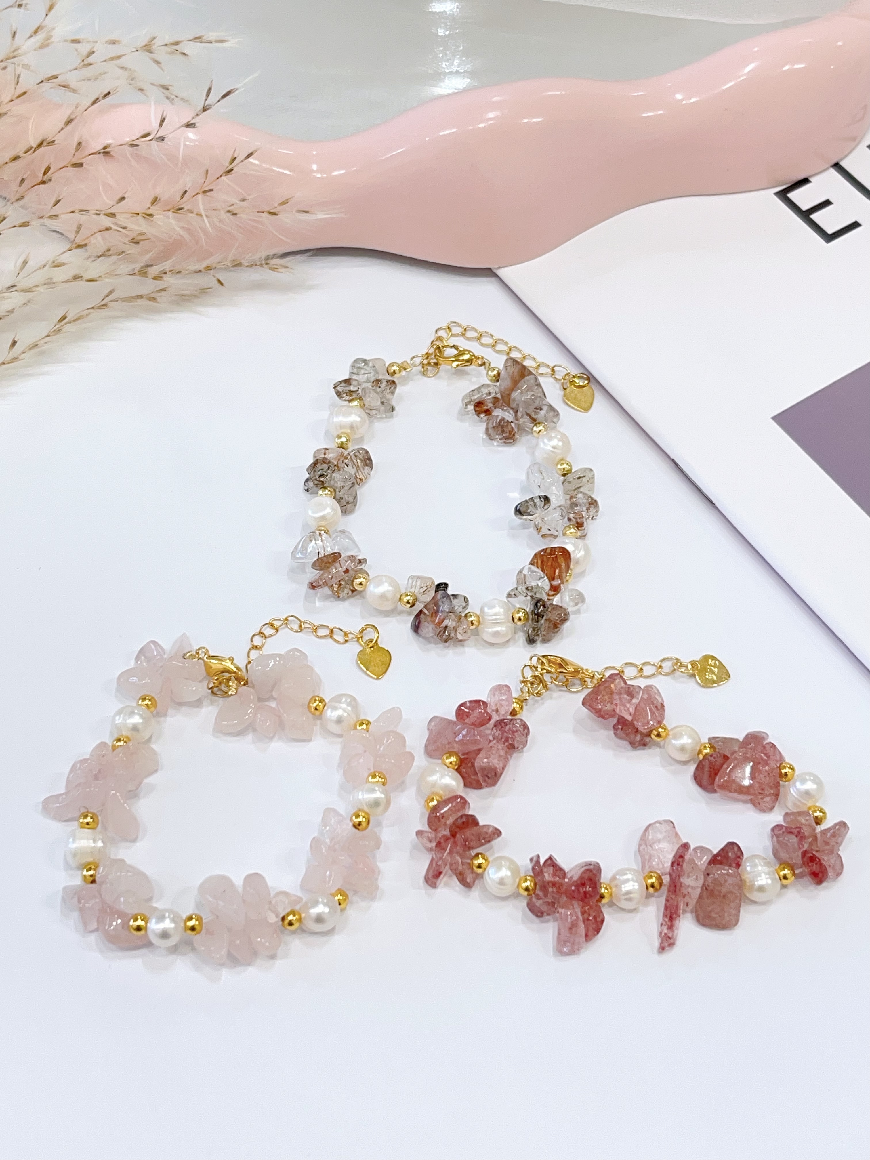 🌈 彩发晶多宝碎石 × 粉水晶碎石 × 草莓晶碎石 × 珍珠手串 Multicolor Rutilated Quartz Chips, Rose Quartz Chips, Strawberry Quartz Chips & Pearl