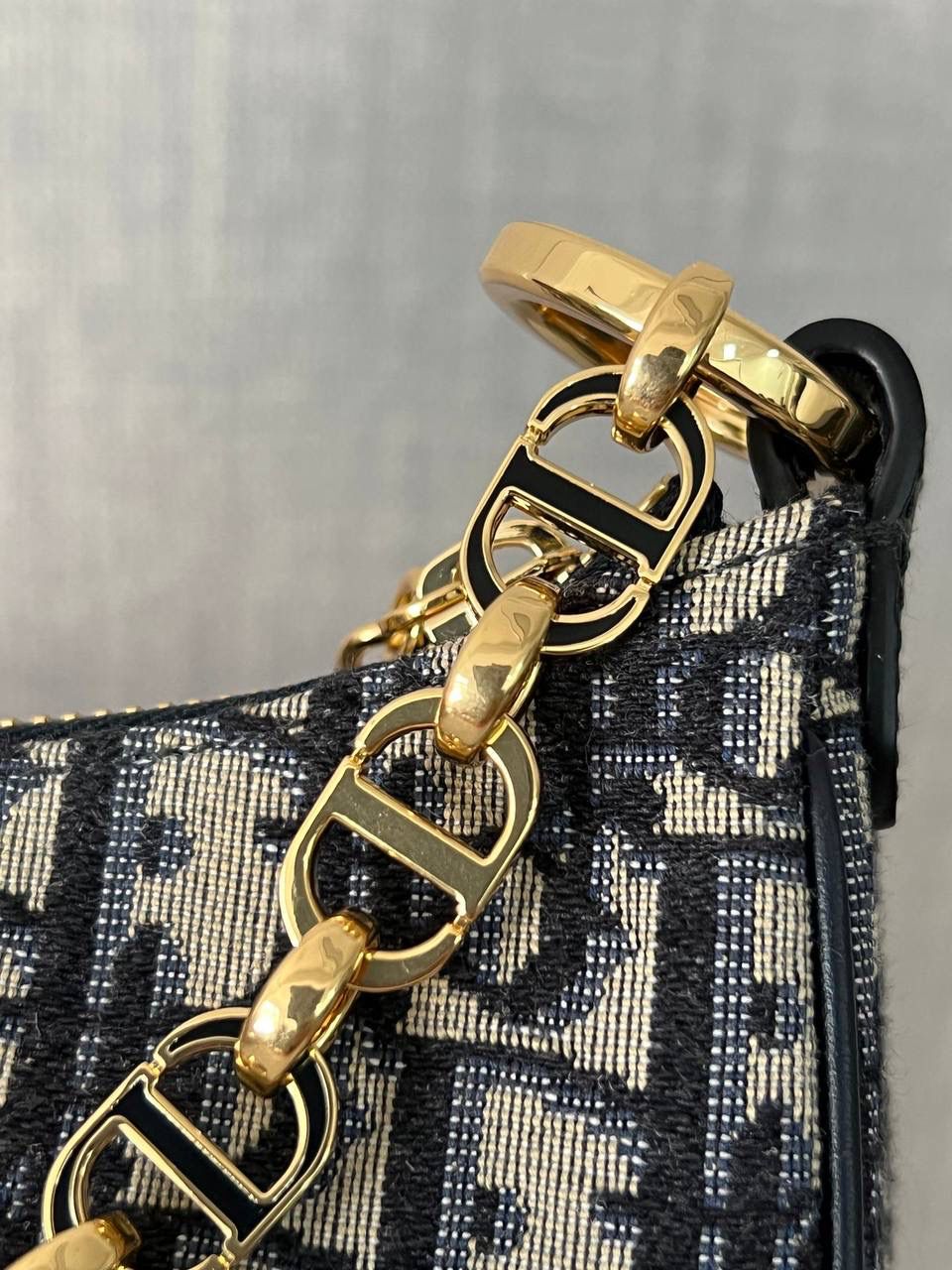 CD LOUNGE 手袋蓝色 Oblique 印花👜✨ 独家渠道货 独家腋下包老花 尺寸：26 x 15 x 5.5 厘米 这款 CD Lounge 手袋是2023夏季新品，彰显 Dior 的现代审美与高订风范。 采用蓝色 Oblique 印花面料精心制作，突显 Dior 经典图案。 经典链条与皮革搭配，交替饰以金色饰面金属和同色调珐琅链环，可折叠设计，可肩背或手提。 拉链开合搭配 CD 拉链头 可调节肩带，链条部分由金色饰面金属和与皮革同色调的珐琅 CD 链环组成，搭配皮革带 内含防尘袋