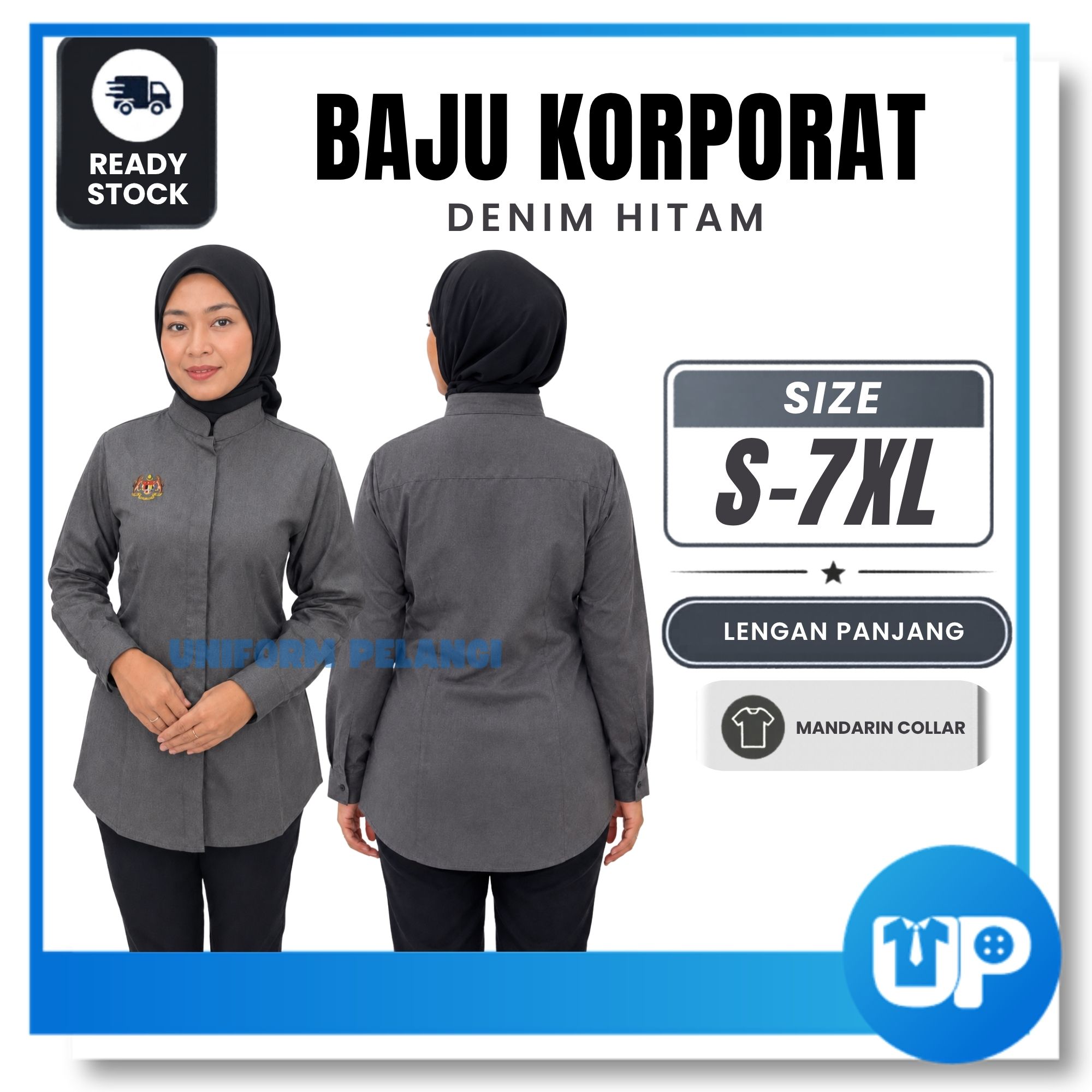 Baju Korporat KPM Wanita Denim Hitam Soft Lengan Panjang Denim Black Corporate Shirt Uniform with logo