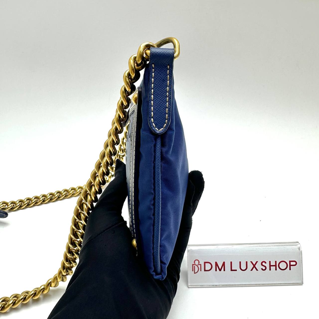 Prada Blue Tessuto Oro Pouch w/ Chain Strap GHW