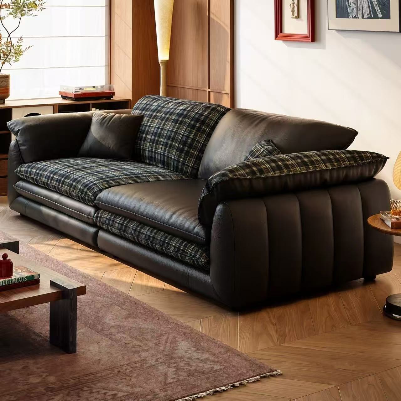 真皮梳化 直排沙發 sofa 皮布雙面靠墊 適合各戶型皮藝梳化 皮沙發