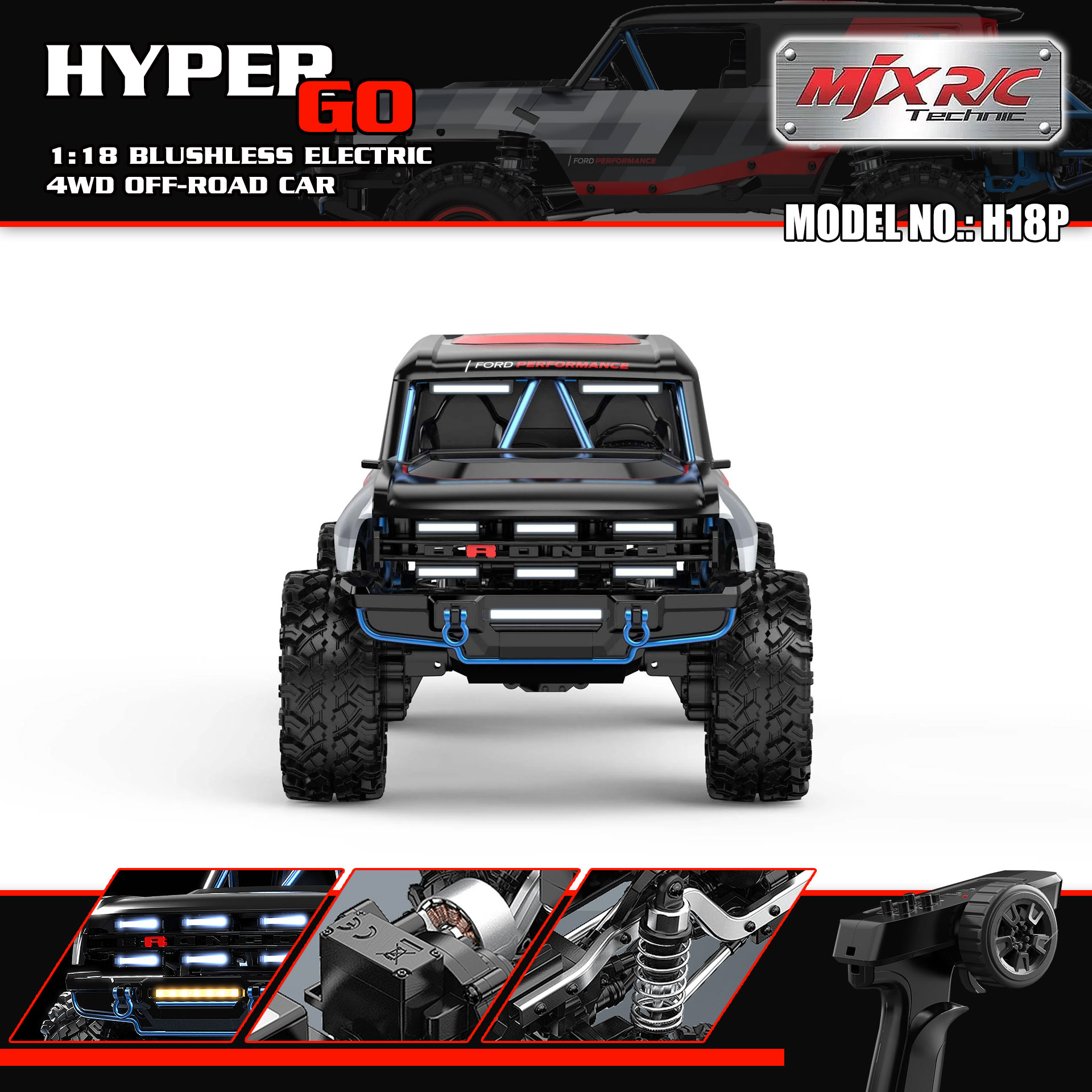 全新 美嘉欣 MJX R/C 1:18 H18P BAJA1000 Ford Bronco R 無刷攀爬車 | 福特授權車殼 | 無刷攀爬車 | 1606 4200KV 無刷馬達 |  DIG 坦克掉頭 | 精美硬殼