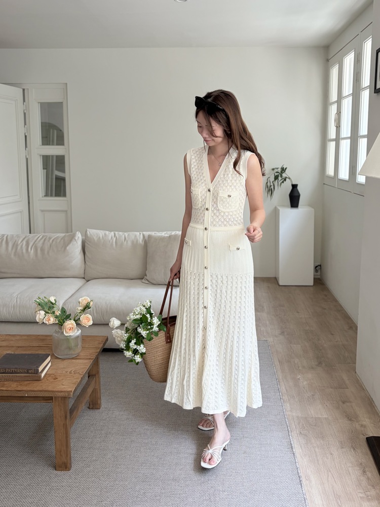 Buttoned Crochet Knit Dress (Ivory)