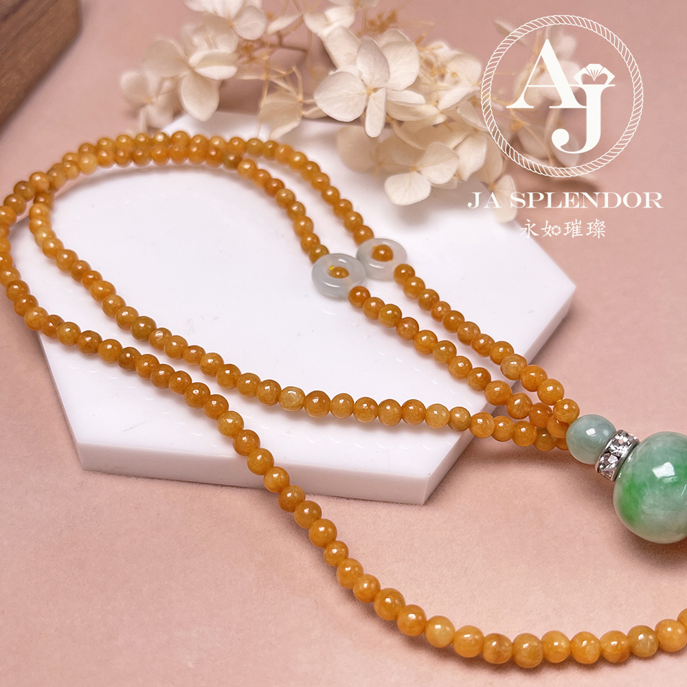 JN-H40-261 天然翡翠A玉 華麗黃翡配綠珠串串金項鏈