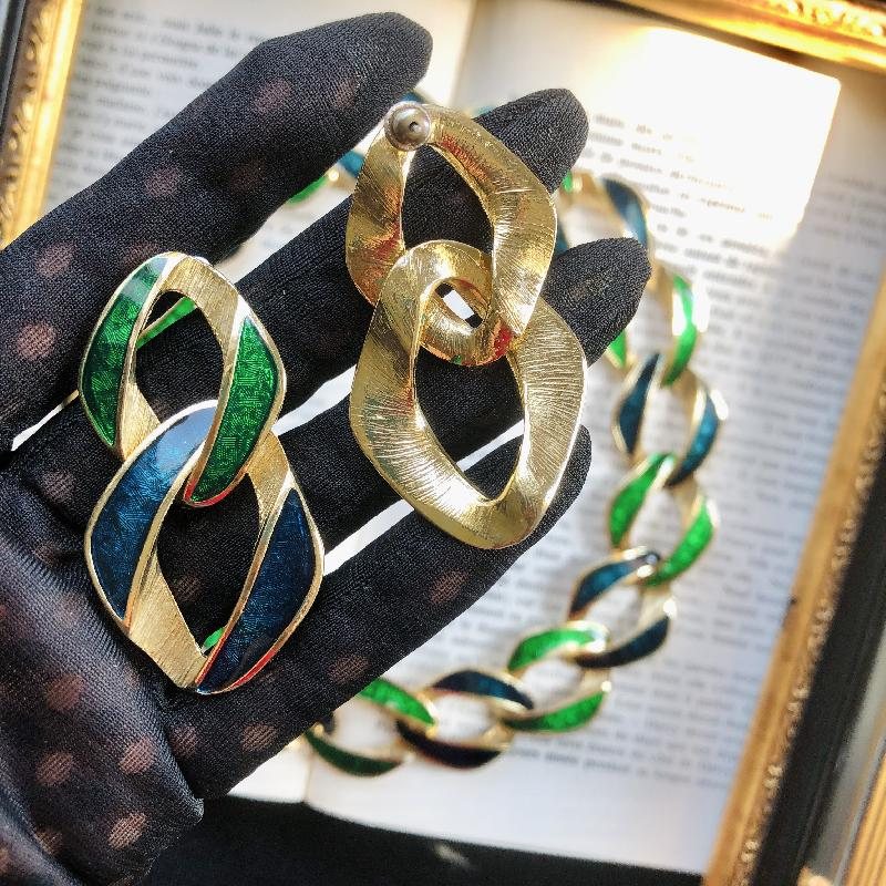 C.a. 1980s Designer StyleTwo Tone Green Enamel Statement Necklace and Pierce Earrings Set(MT1851-3)