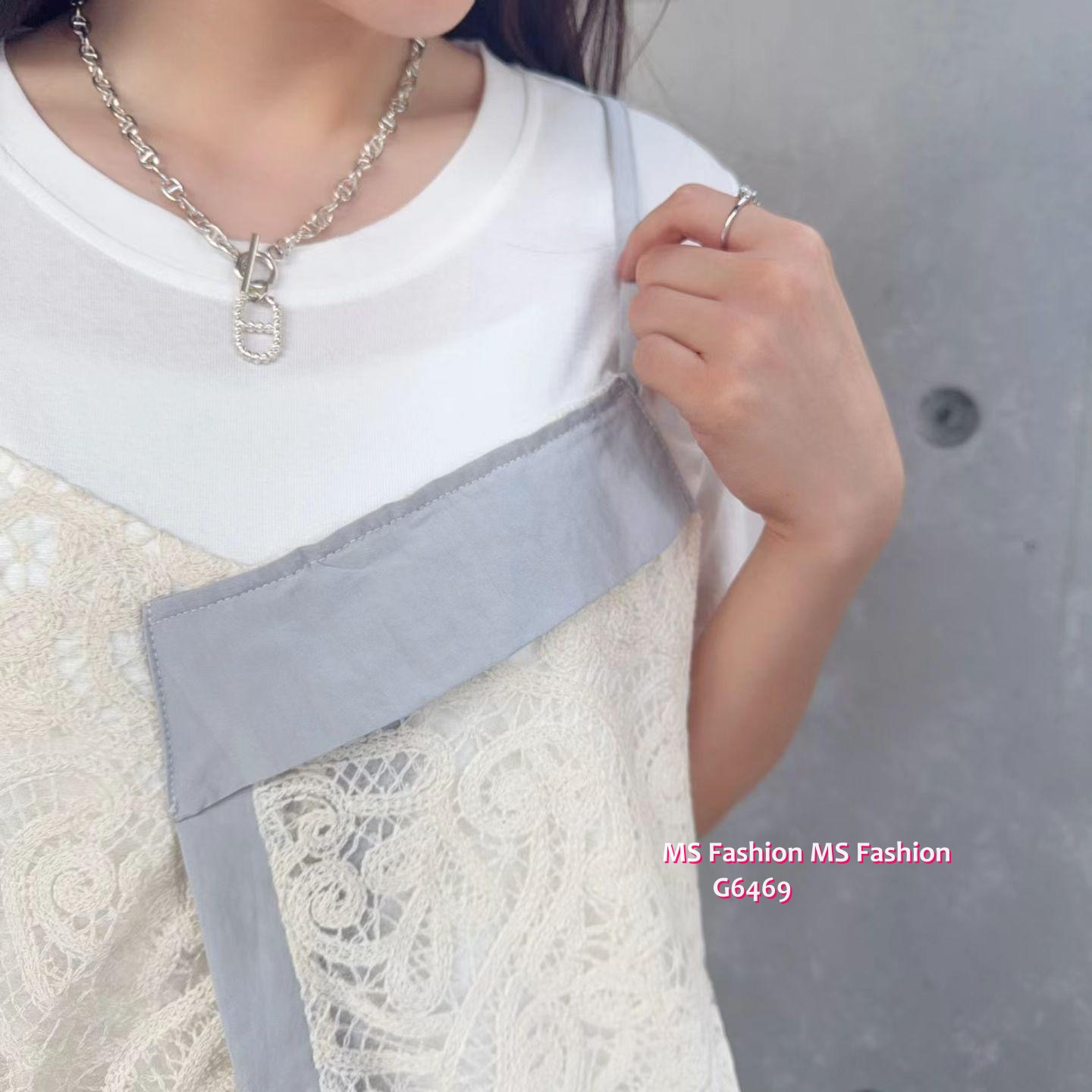 G6469 假兩件拼lace top