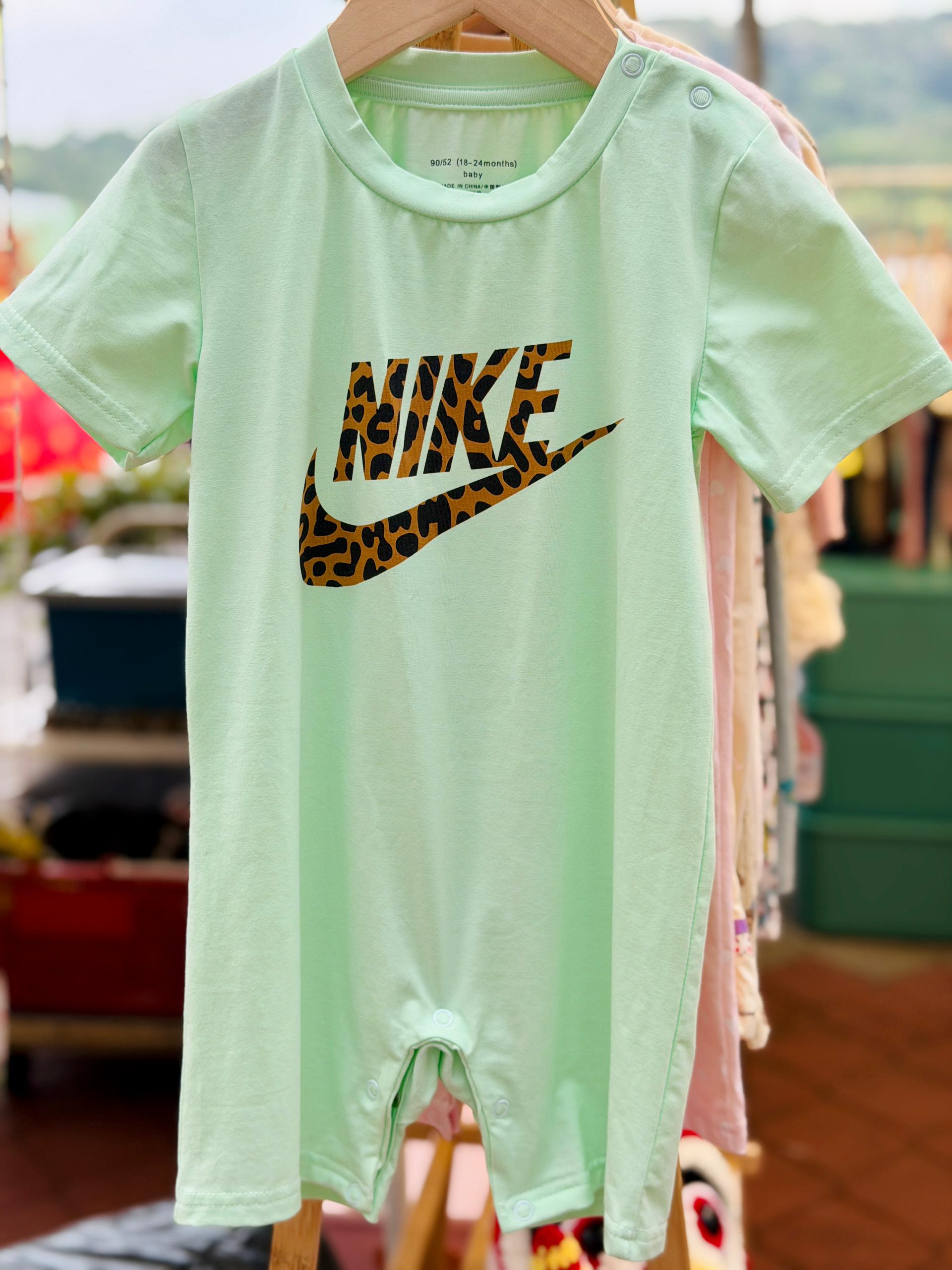 Nike Baby Bodysuit - Green with Leopard Print Logo