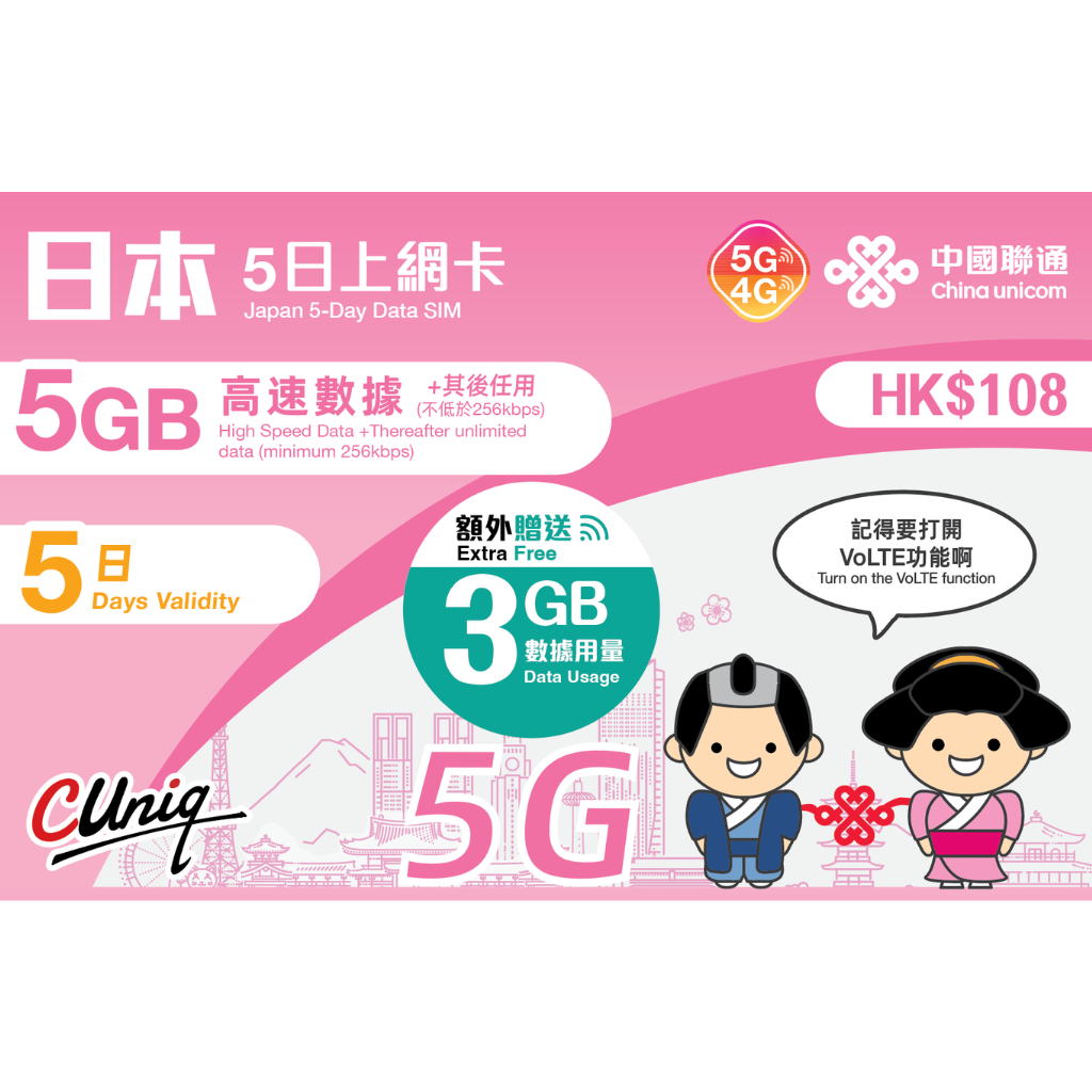China unicom 中國聯通｜5日/5GB（額外贈送 3GB）｜日本｜上網卡 5G/4G 無限上網數據Sim卡