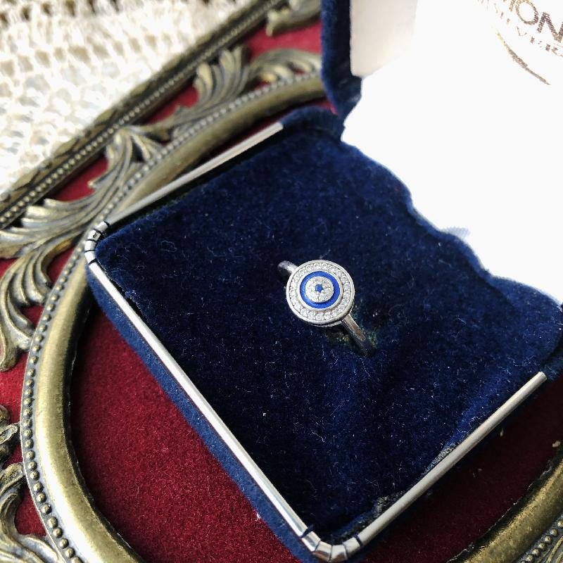 Edwardian Style Retro 925 Silver Blue Enamel Sparkling Stone Ring(MT286)