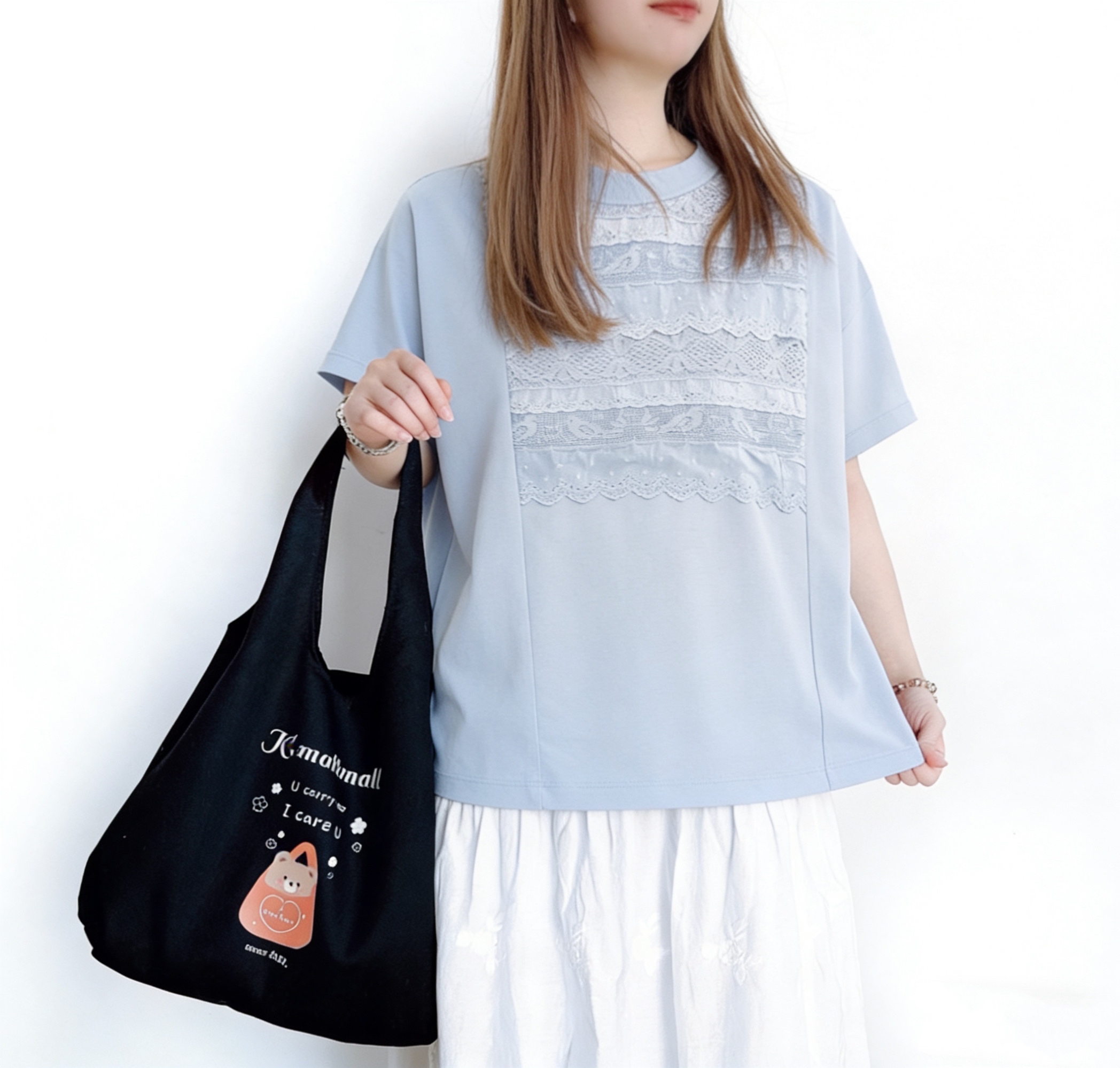 日系LACE刺繡Tee - 灰藍