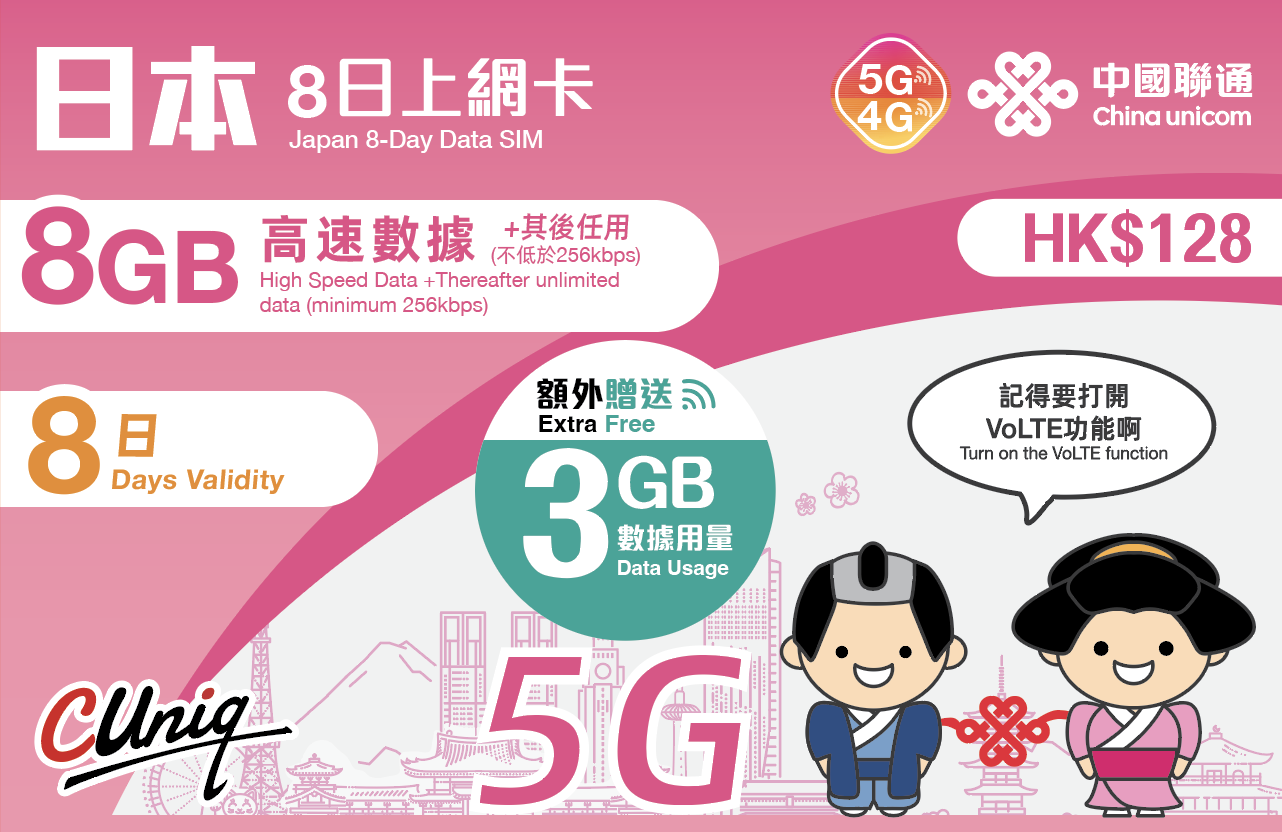 中國聯通 5G/4G 日本8日 11GB + 256kbps無限數據上網卡 啟用日期:2027/06/30