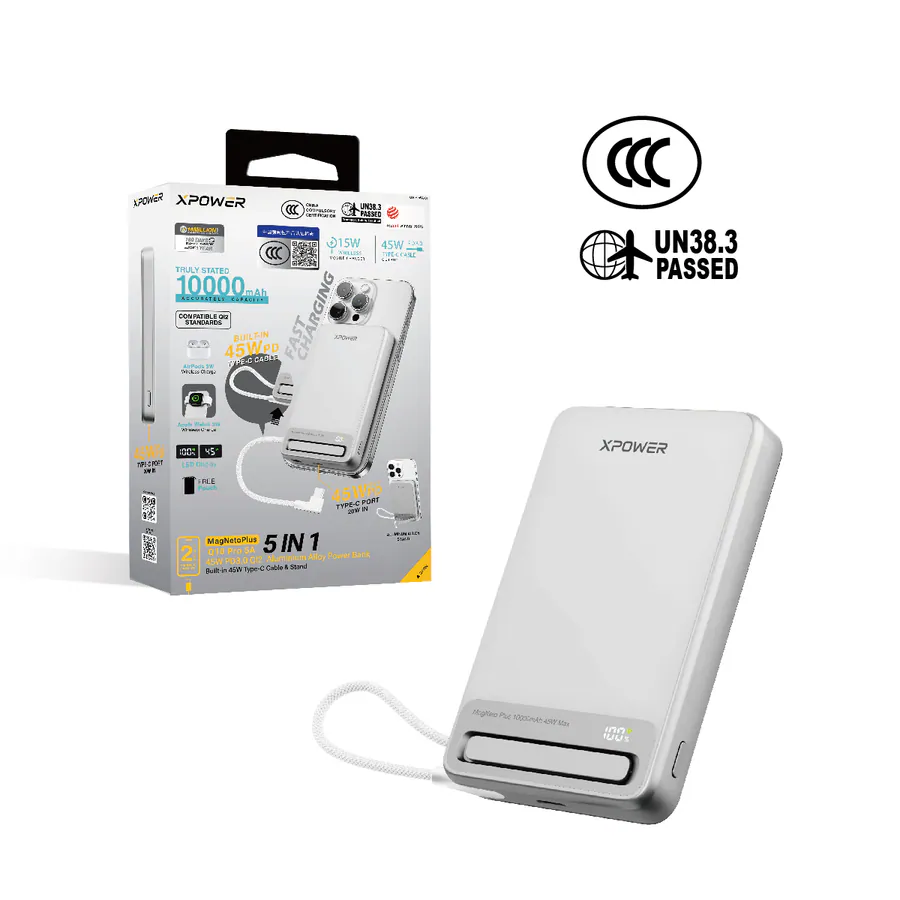 香港行貨 一年保養 XPower (3C可追溯二維碼) MagNetoPlus Q10 Pro鋁合金10000mAh 45W PD3.0支架內置線及數顯QI2磁吸移動電源 