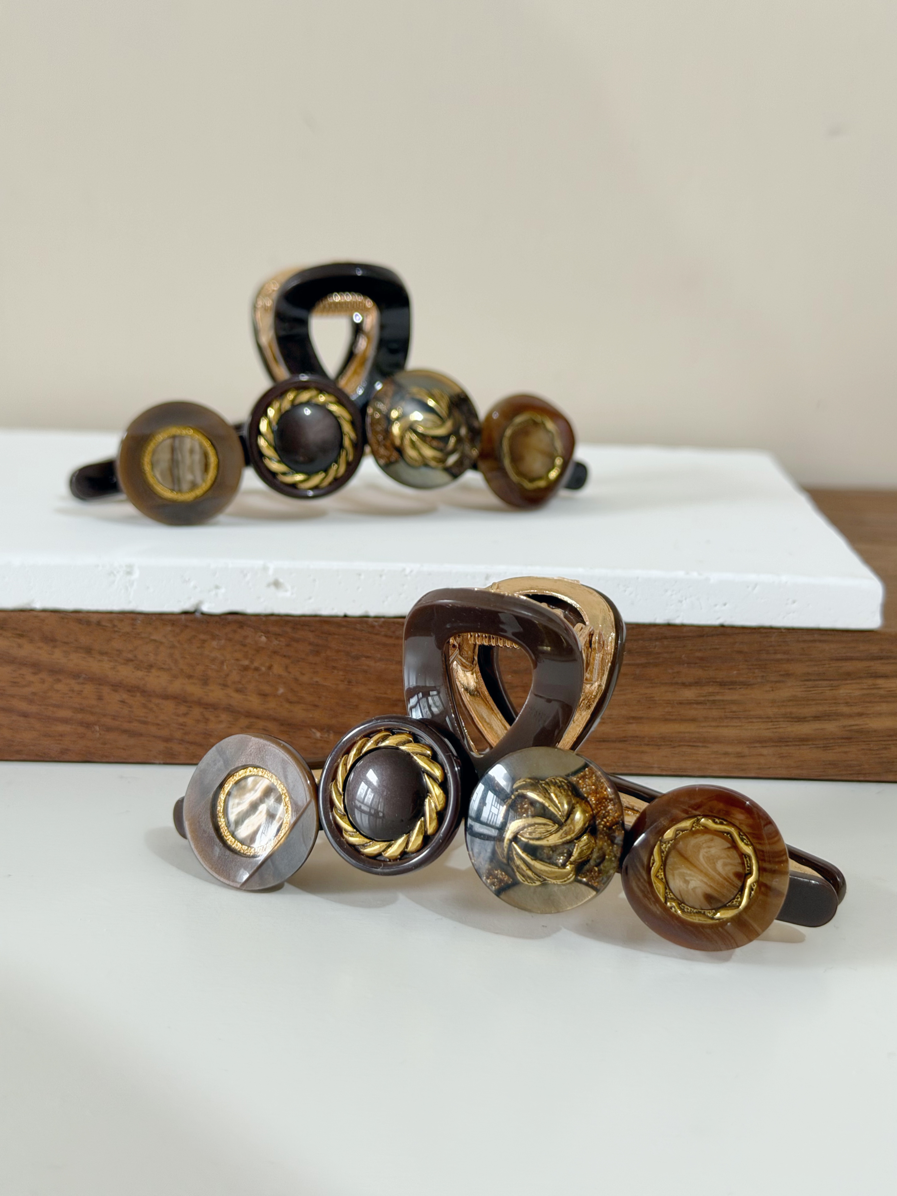 復古鈕扣髮夾/啡色系 8cm長