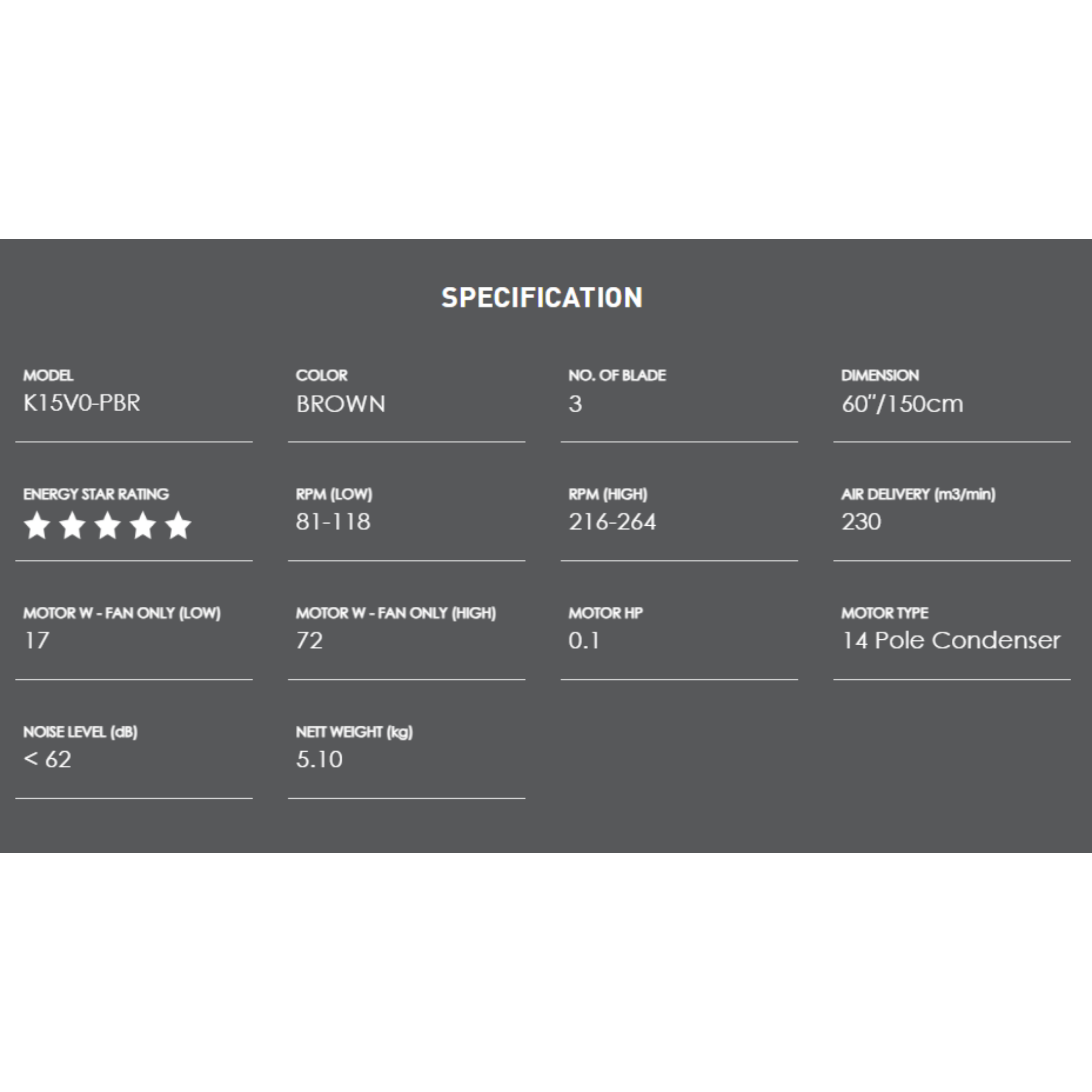 KDK 60" Ceiling Fan 3-Blade Regulator Brown (K15V0-PBR)