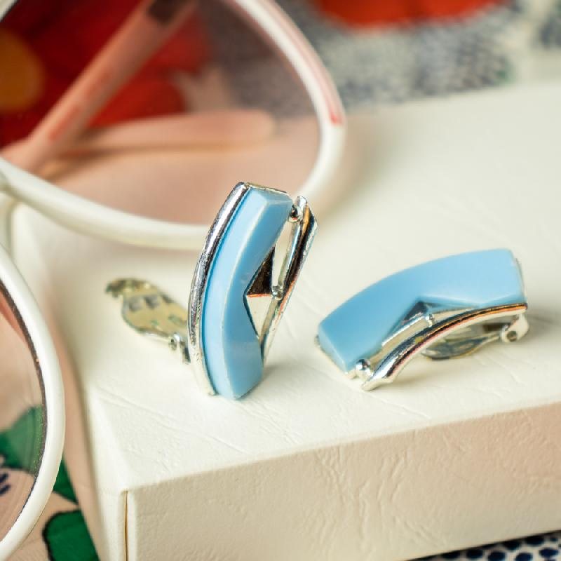1950s Sky Blue Lucite Geometric Form Clip Earrings from American (EA1813)