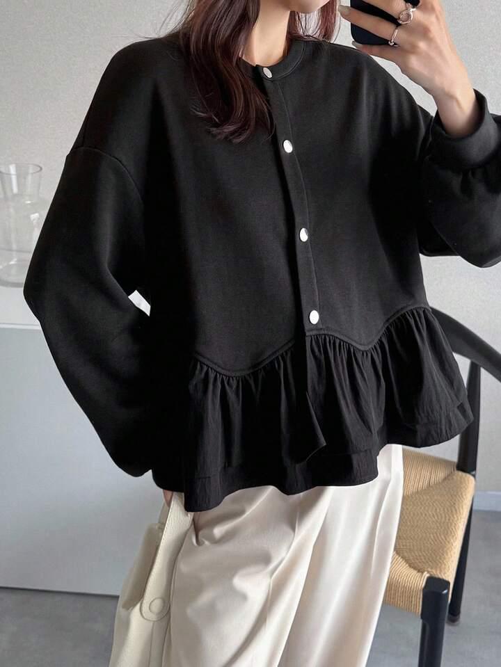 時尚荷葉邊鈕扣針織外套