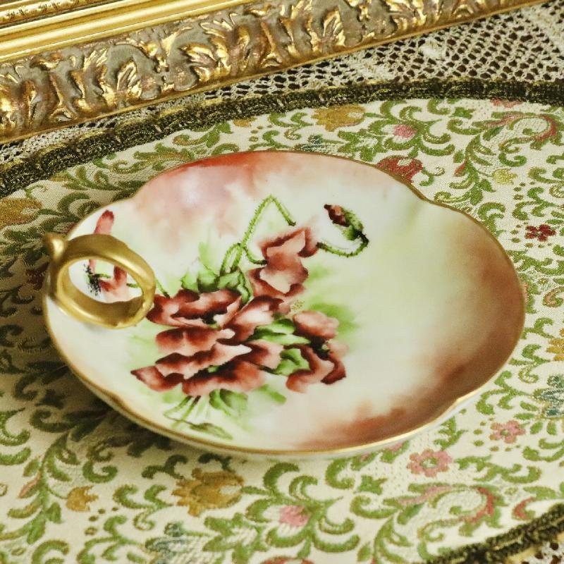Vintage Mid-century French Limoges Artist Signed Handpaint Anemone/Poppy Red Flower Bowl Dish with Golden Handle (MT1649)