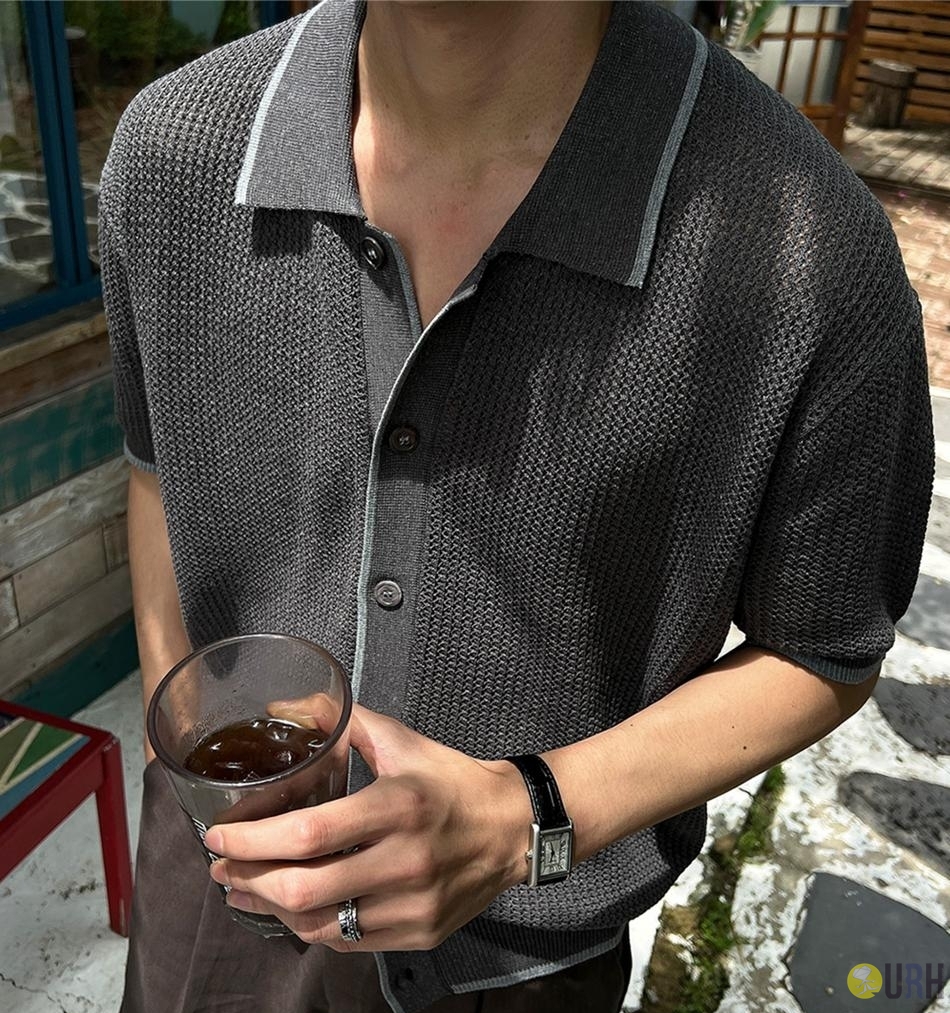 【100%保證韓國直送】Linen Blend Washable透氣撞色短袖翻領針織Cardigan 🧶 [3 color] RG165912