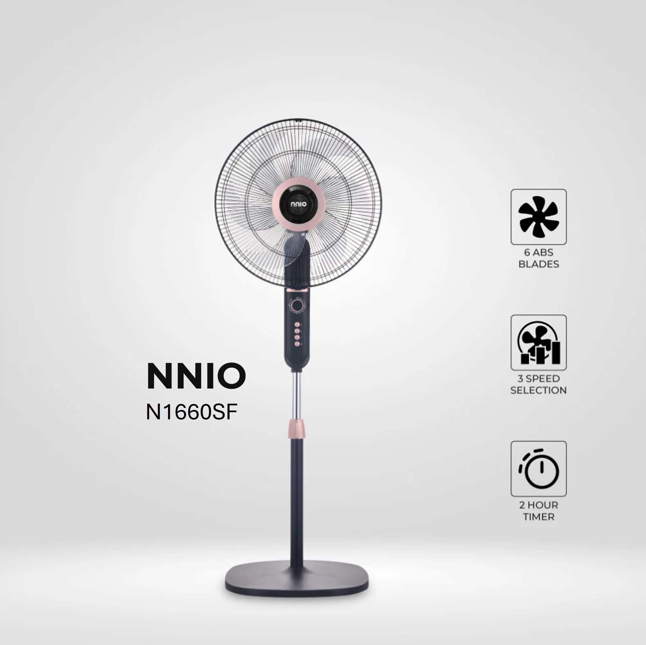 16" AC Motor Stand Fan (Black & Rose Gold), 3 Speed, 60W (N1660SF)