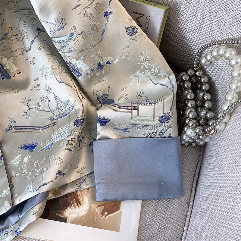 B291(0218外套) 新中式气质立领单流苏盘扣兰亭序重工织金蓝外套上衣