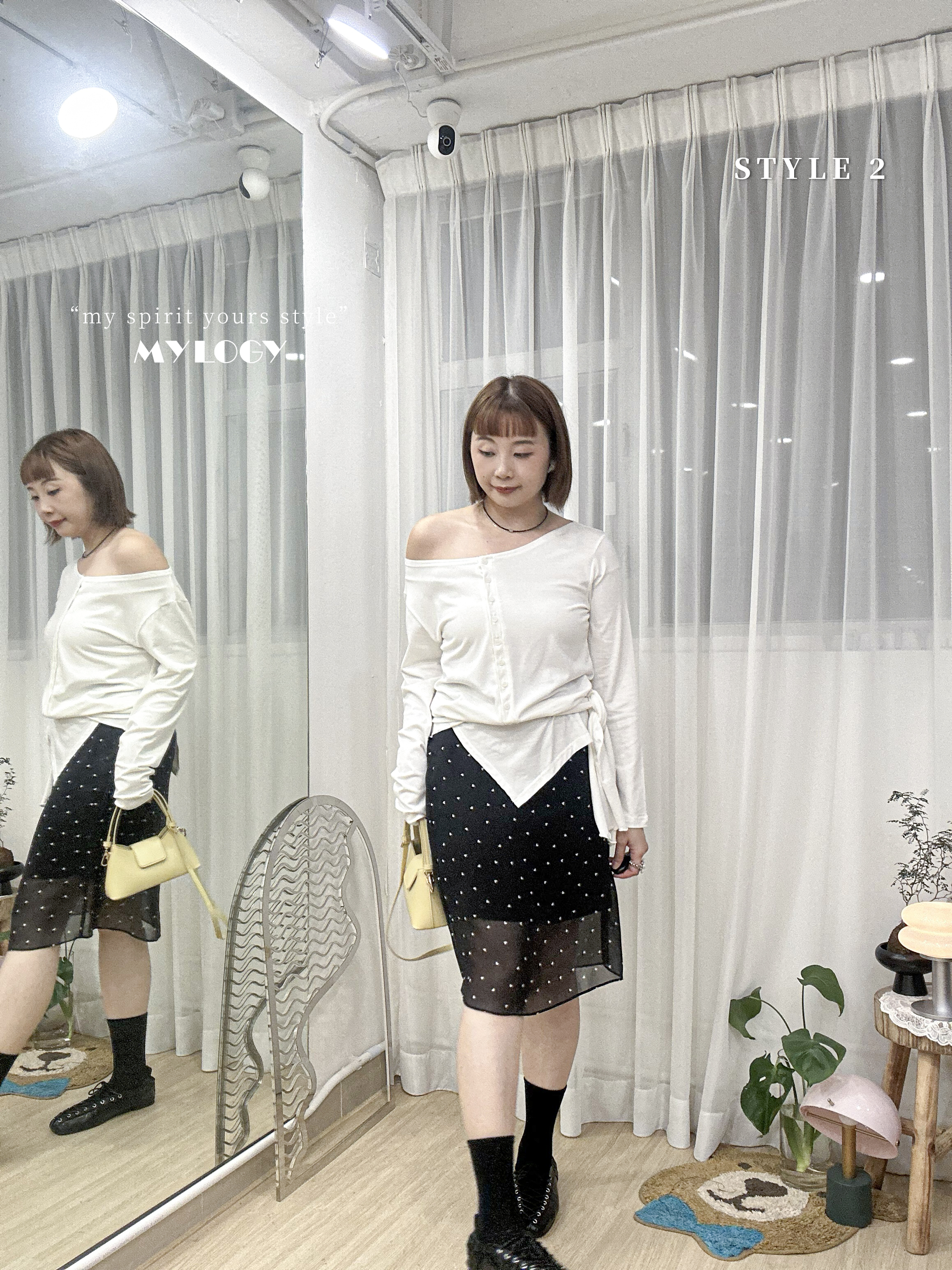 韓系 L/S Off Shoulder 排扣不規則下擺 TEE JD0008 - 白色 Ivory