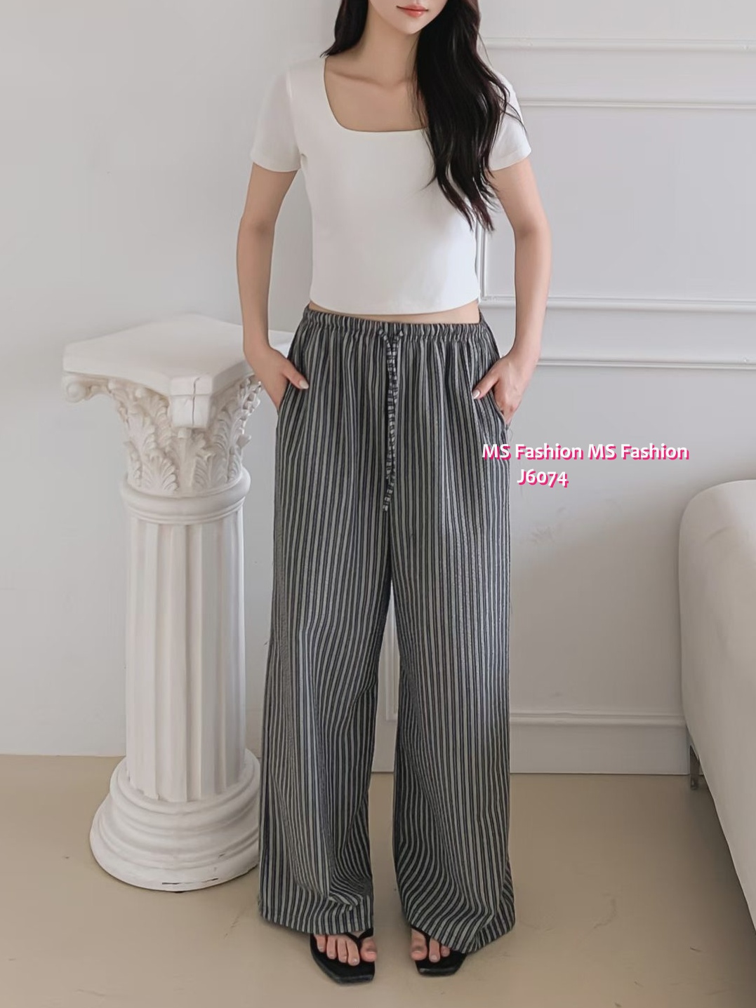 J6074 韓國🇰🇷直條紋闊筒褲