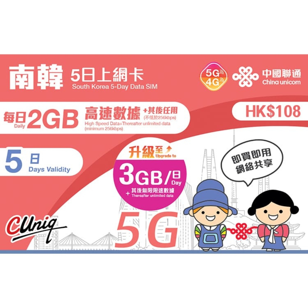 China unicom 中國聯通｜南韓｜5日每日 2GB（升級至 3GB）｜上網卡 5G/4G 無限上網數據Sim卡