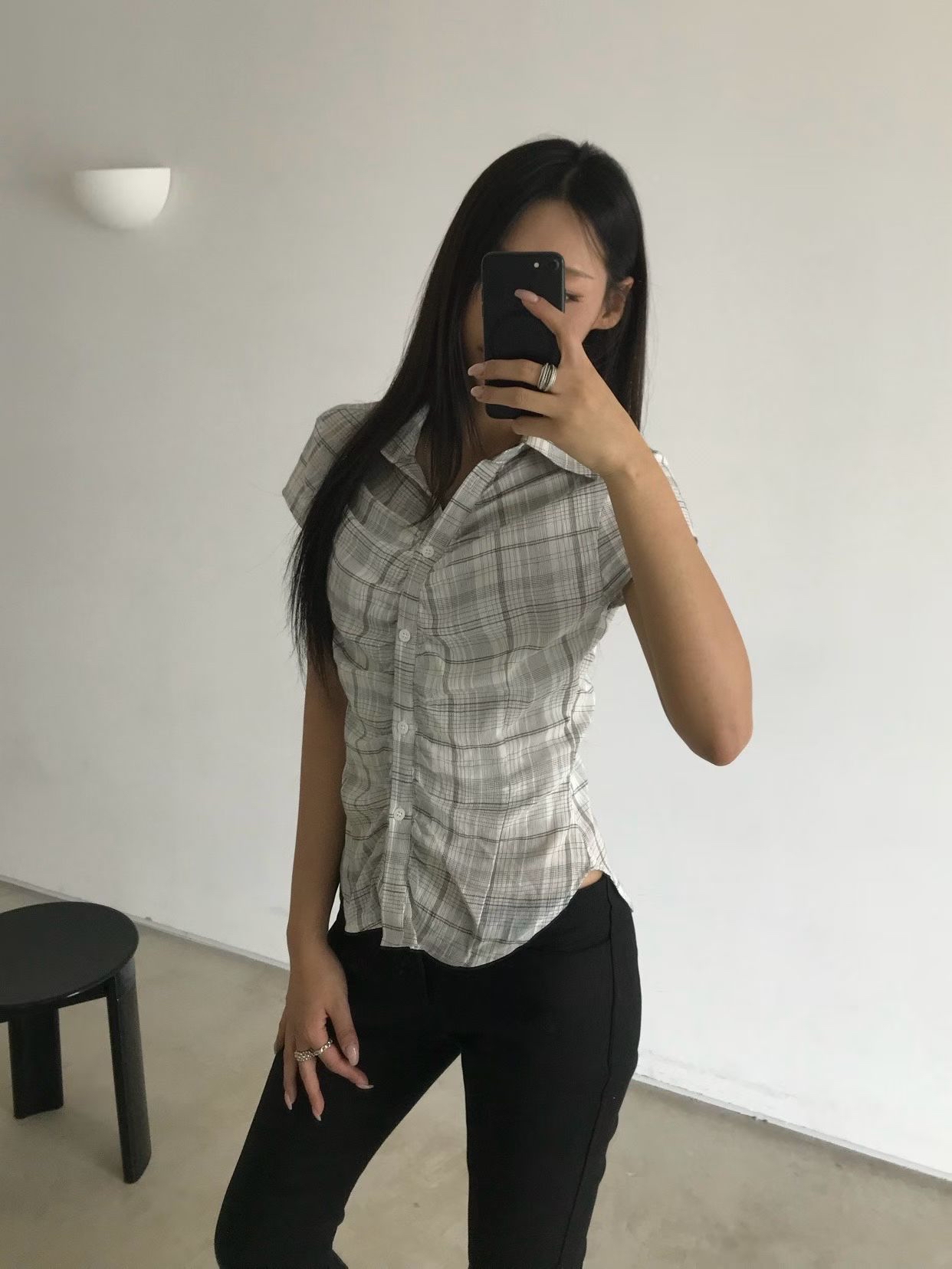 Plaid Shirred Button-Up Blouse