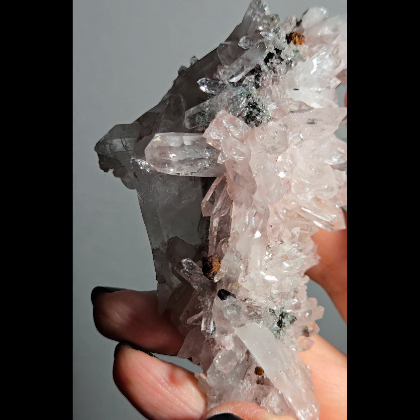 Pink Lemurian quartz cluster with green chlorite inclusions - LQ191