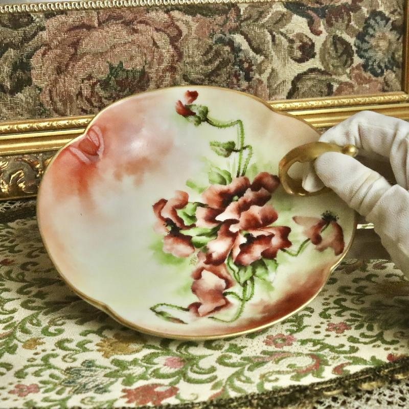Vintage Mid-century French Limoges Artist Signed Handpaint Anemone/Poppy Red Flower Bowl Dish with Golden Handle (MT1649)