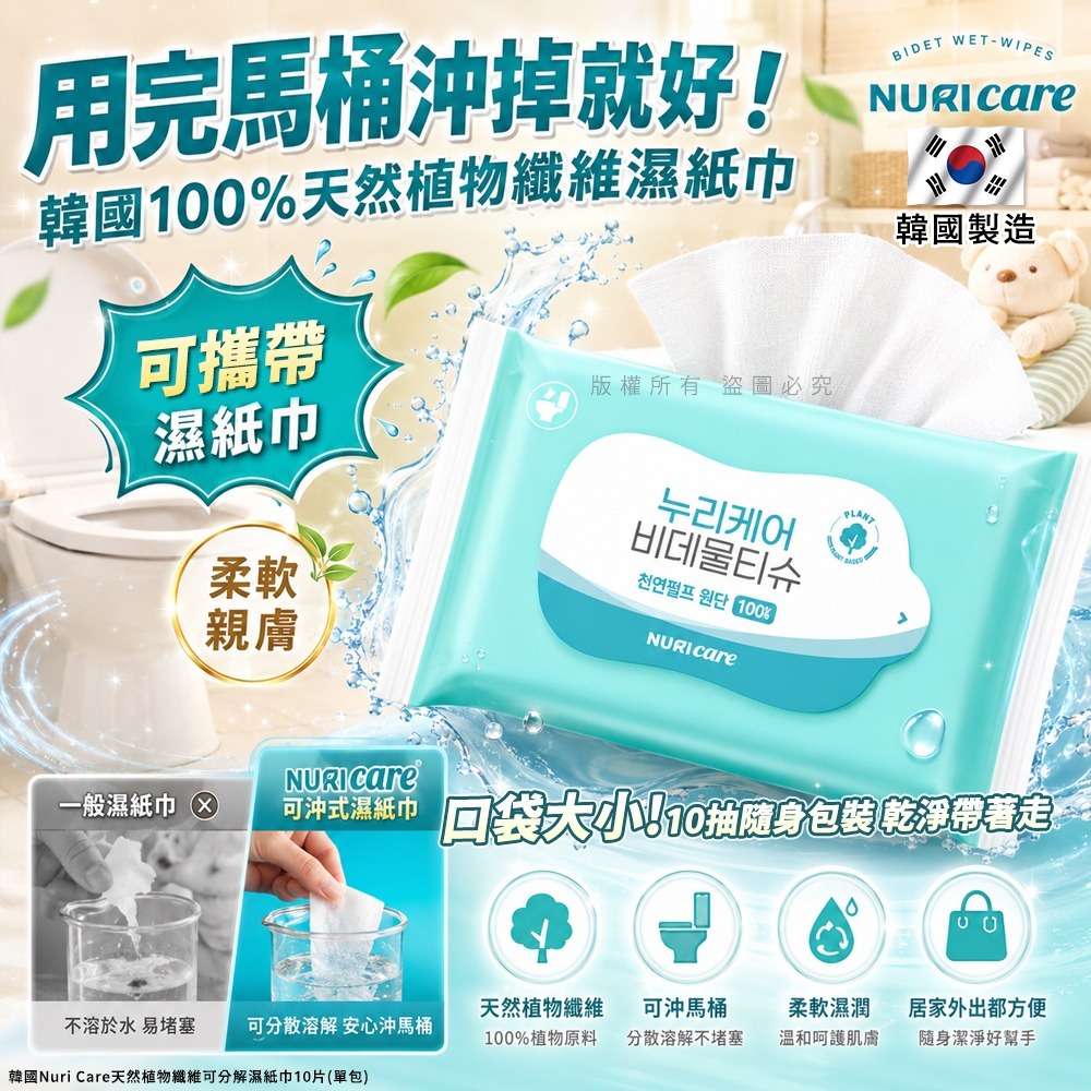  【預訂】韓國 Nuri Care 天然植物纖維可分解濕紙巾 (1套2包共20片)