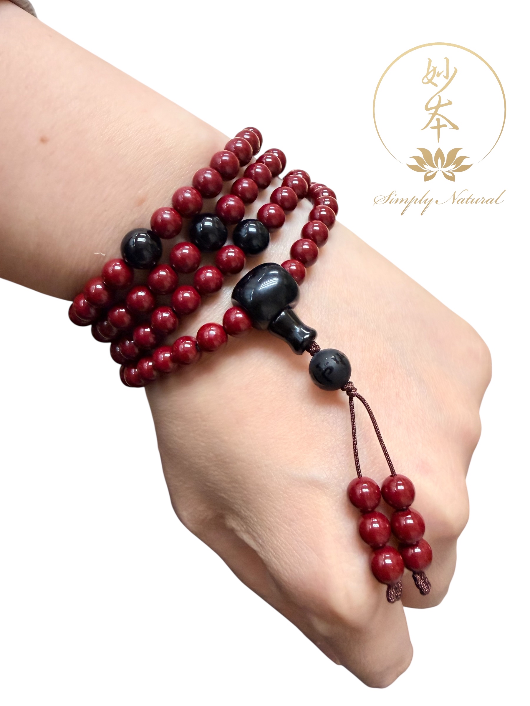 6mm 108粒硃砂念珠 配：六字大明咒黑瑪瑙