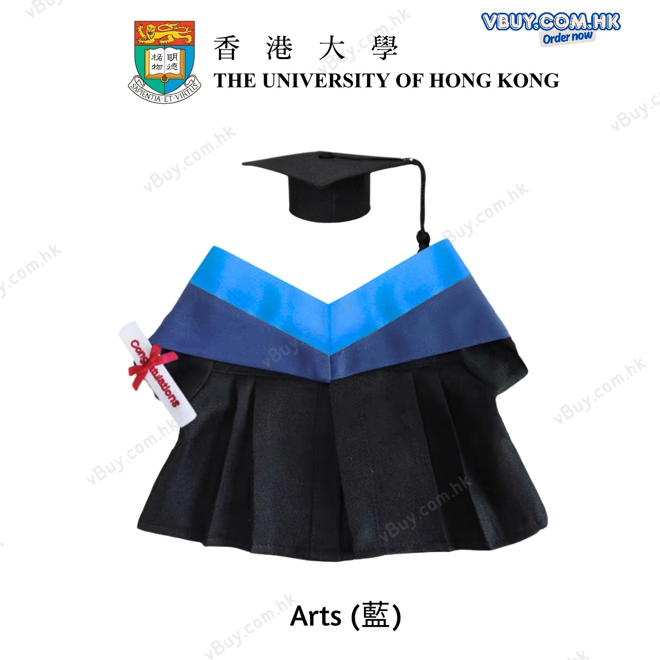​香港大學 HKU 文學院 Arts (BA) 畢業公仔袍 - 可綉名/校名/年份/校章 (藍色邊) 公仔畢業袍
