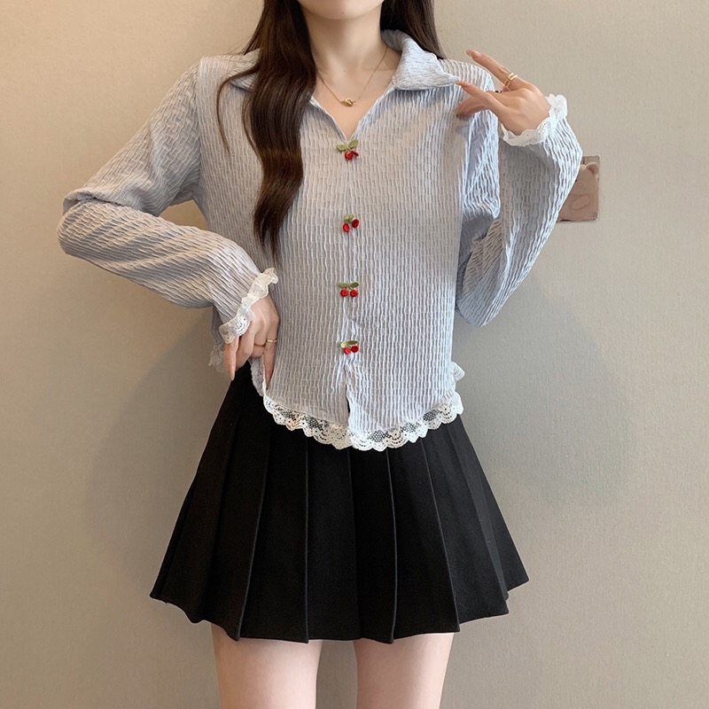 B104(21567) 韩系甜美风微褶皱翻领前部樱桃拼蕾丝花边3色上衣