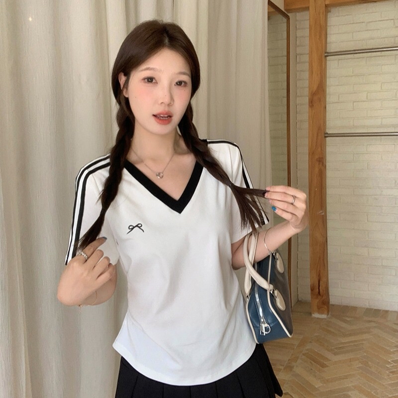 B445(36968) 美式撞色V领肩袖条纹蝴蝶结印花5色上衣