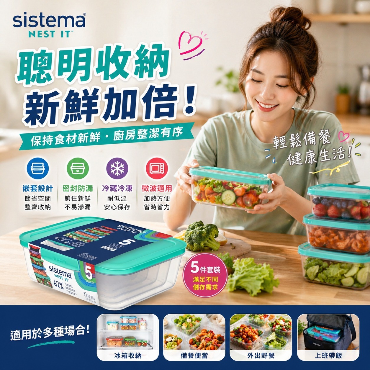 【預訂】紐西蘭製造 Sistema 保鮮盒套裝 (1組5個)