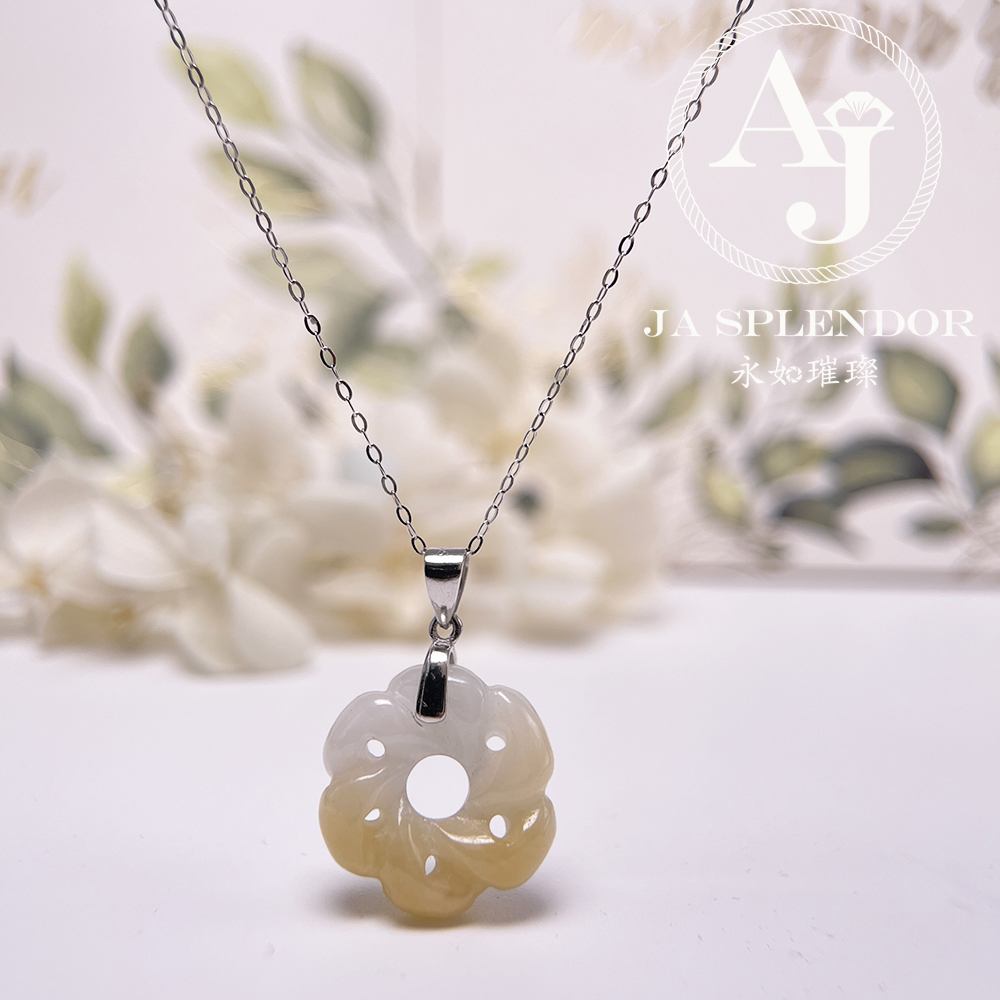 JN-2735 天然翡翠A玉-糖環花開富貴立體雕花吊墜（送銀鏈）