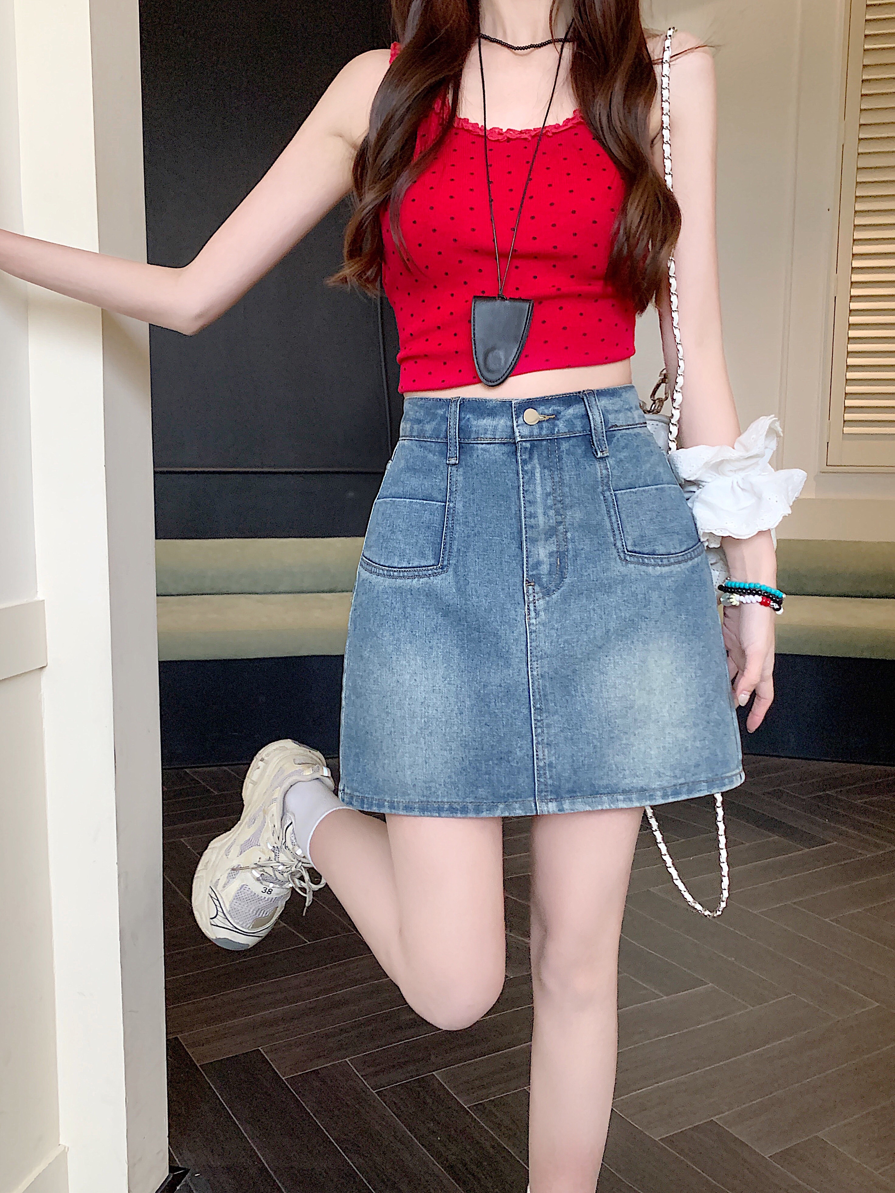 B251(65535) 美式JEANS时尚半横口袋边蓝短裙