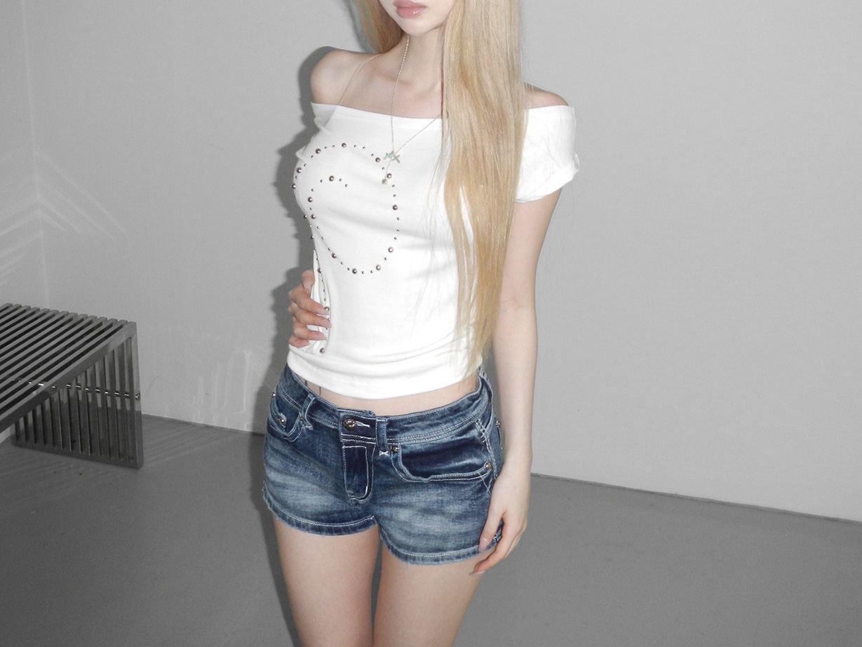 Studded Off-Shoulder Short Sleeve Top