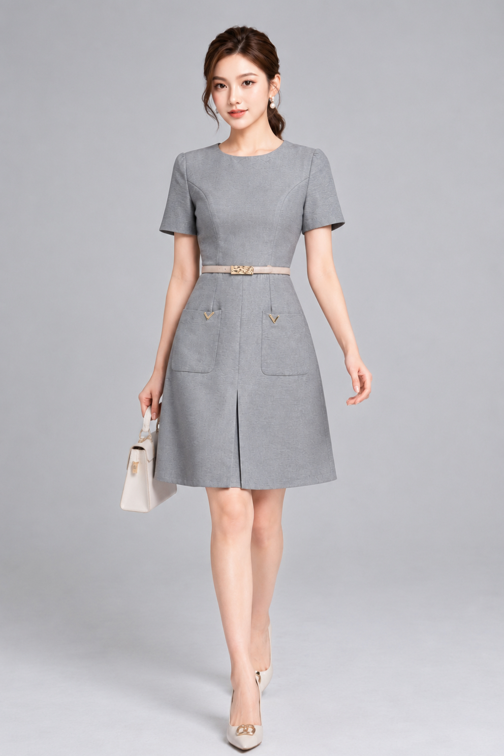 52175 Belted Pocket A-Line Midi Dress