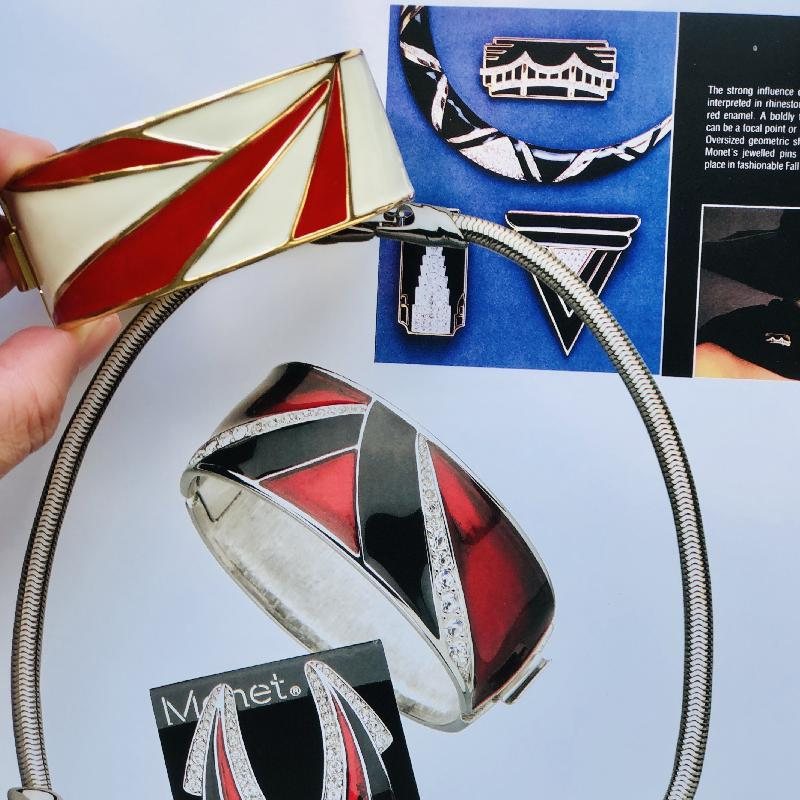 C.a. 1980s Monet Red X Ivory Geometric Enamel Jewelry New Old Stock- Bangle Bracelet (MT1622)