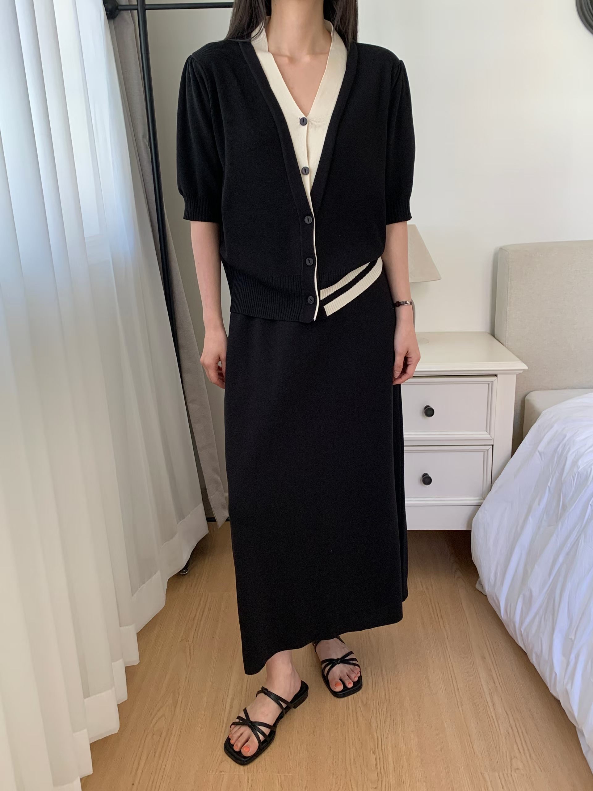 CT19 開鈕拼色外套+裙set 